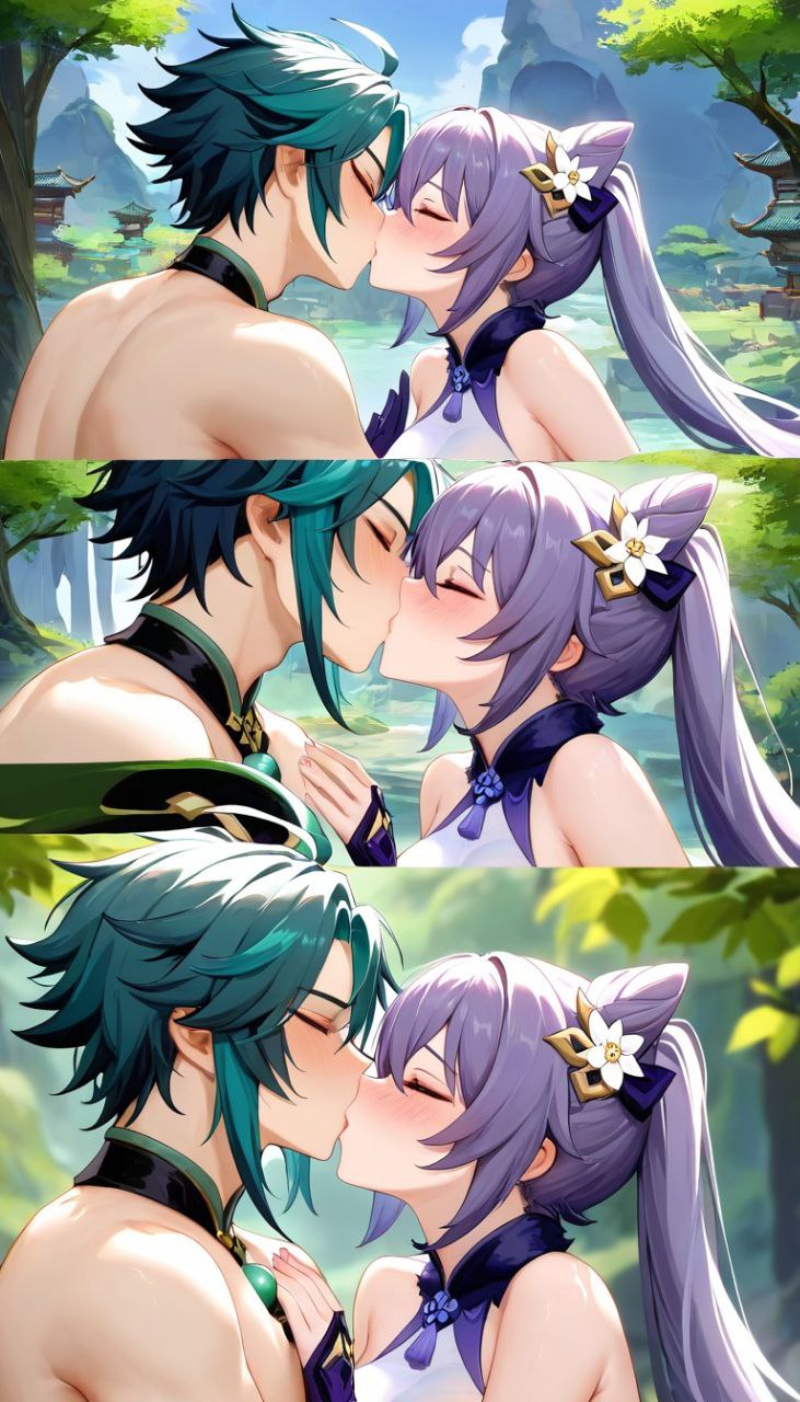 1boy 1girls ai_generated blush female genshin_impact green_hair keqing_(genshin_impact) kissing long_hair making_out male male/female outdoors purple_hair shirtless shirtless_male straight tagme tree xiao_(genshin_impact)