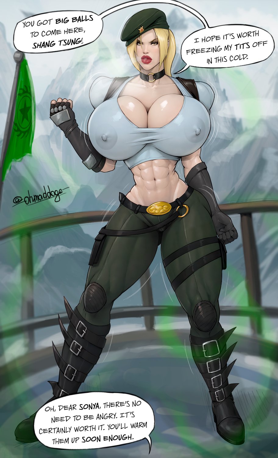 2d areolae bare_midriff bimbo blonde_hair breasts busty crop_top erect_nipples female female_focus full_body hourglass_figure huge_breasts large_breasts mortal_kombat mortal_kombat_vs._dc_universe navel nipple_piercing nipples ohmaddoge see-through see-through_clothing see-through_shirt shang_tsung sonya_blade speech_bubble tagme wide_hips