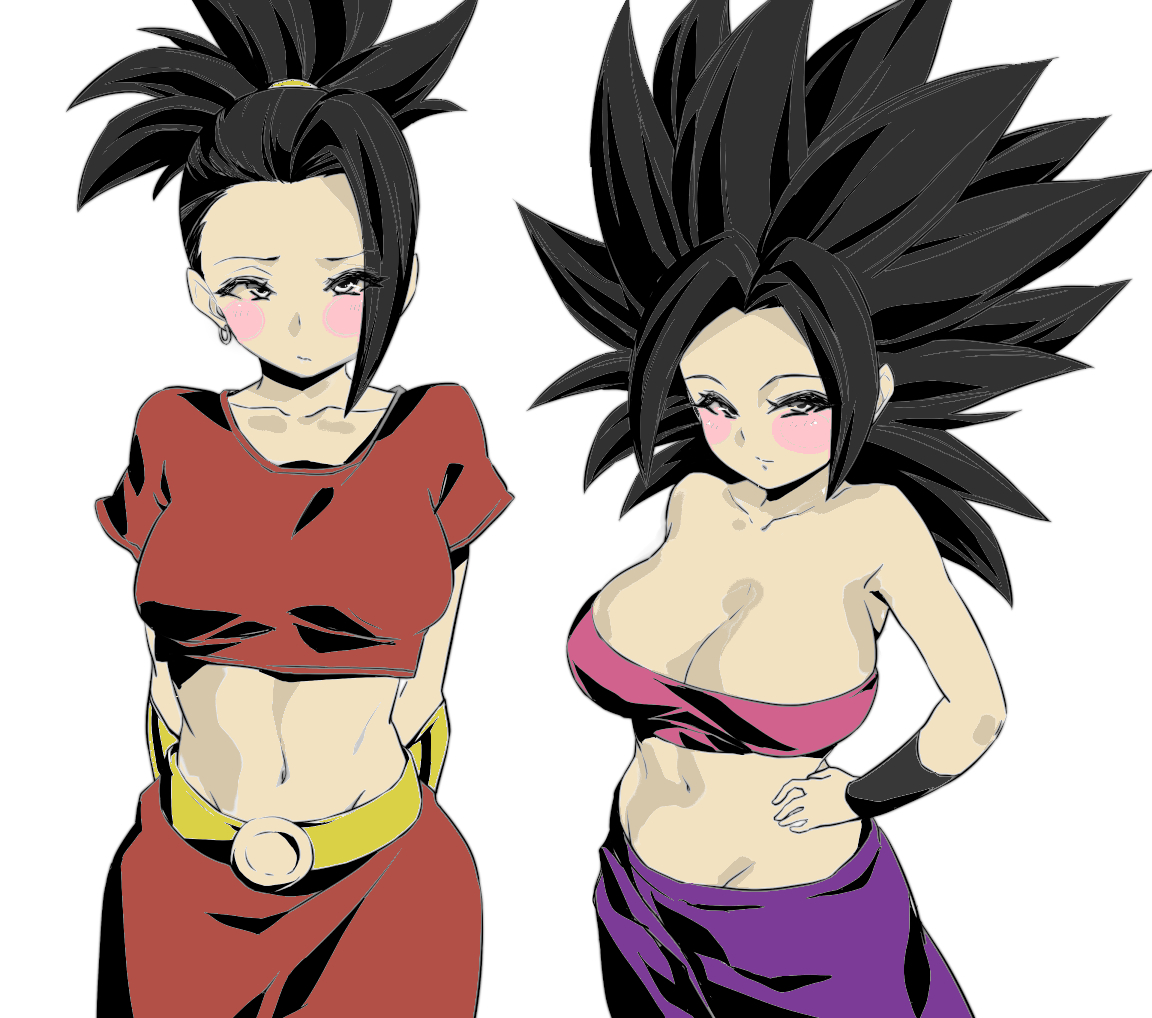 2girls, black eyes, black hair, breasts, caulifla, cleavage, clothed, dragon ball, dragon ball super, female, female only, kale, light skin, light-skinned female, long hair, multiple girls, saiyan, spiky hair