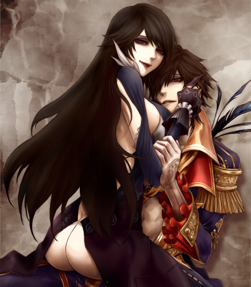 ass black_hair couple emilia_giannino granado_espada long_hair naughty_face no_panties photoshop player_character reckless_emilia_(granado_espada) red_eyes short_hair wizard_(granado_espada)