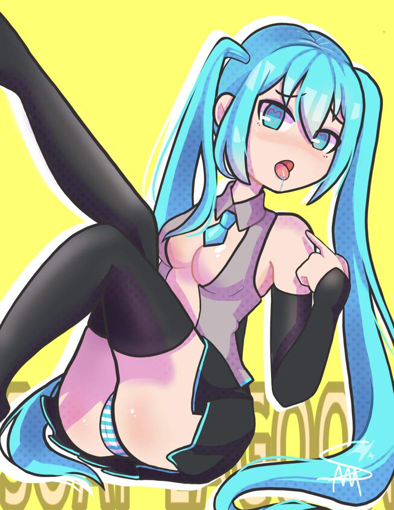 1girls 2019 aqua_eyes aqua_hair aqua_necktie aqua_skirt black_skirt black_thighhighs blue_panties cleavage collared_shirt copyright_name detached_sleeves drool feet_out_of_frame gradient_hair grey_shirt hatsune_miku heart-shaped_pupils highlights highlights_(coloring) horizontal_stripes leg_up long_hair looking_at_viewer masa_works_design meabot9000 multicolored_skirt mv_character necktie open_shirt panties photoshop_(medium) polka_dots procreate_(software) shirt signature simple_background skirt soap_lagoon_(vocaloid) solo song_name striped striped_clothing striped_panties symbol-shaped_pupils thighhighs tongue tongue_out twintails underwear very_long_hair white_hair white_panties yellow_background