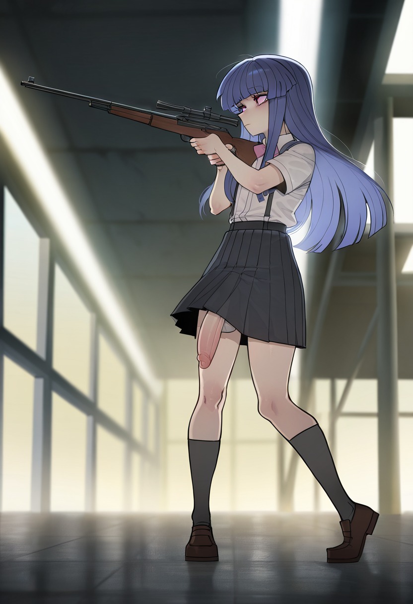 ai_generated anime anime_drawing animegirl black_blueblurry_hair character_design digital_painting digitalart fanart girl gun holding indoors kneehighslongrifleshirt meitabuu military originalcharacter shoes skirt socks sol_suspender suspenders tagme weapon white1