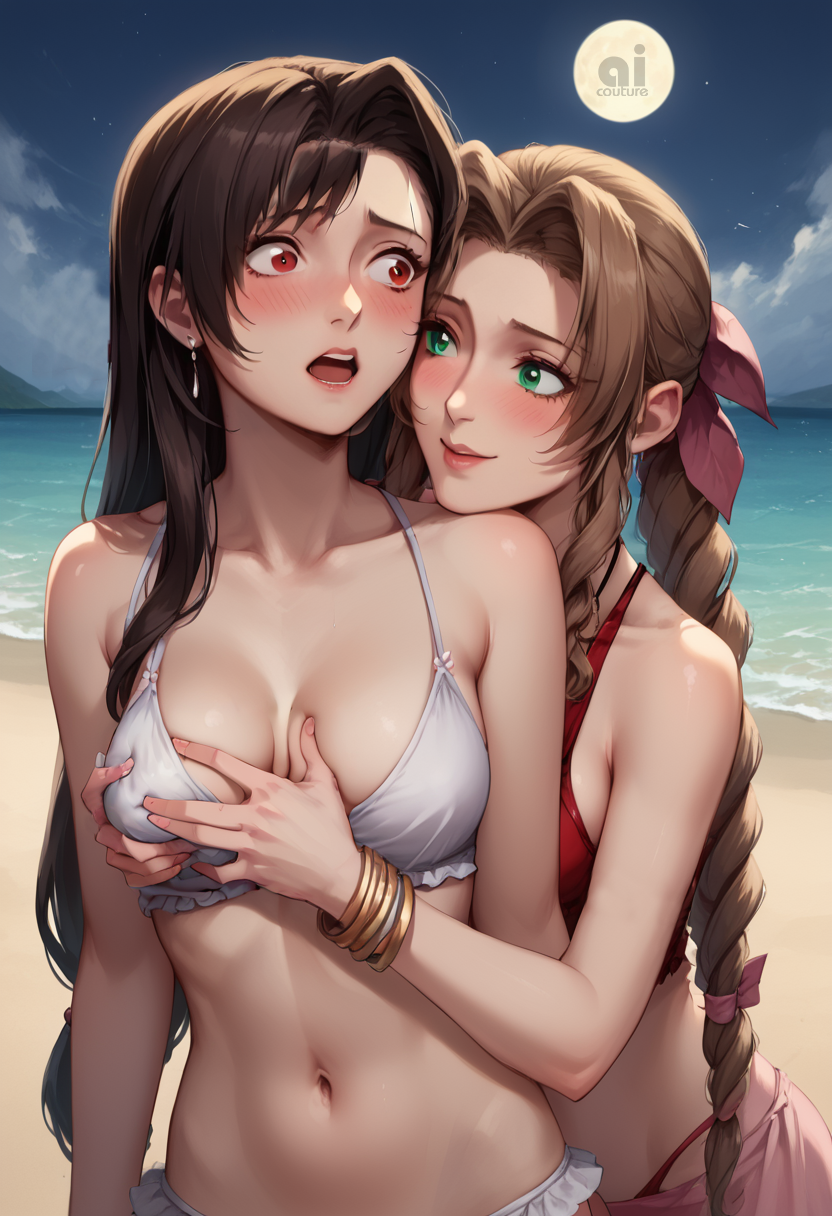 2girls aerith_gainsborough ai_couture ai_generated bikini black_hair breast_grab breast_grab_from_behind brown_hair embarrassed female_only final_fantasy final_fantasy_vii final_fantasy_vii_remake green_eyes groping groping_breasts medium_breasts red_eyes square_enix tifa_lockhart yuri