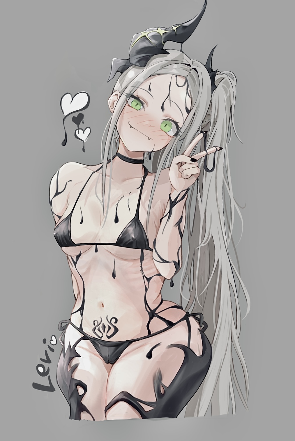 1girl 1girls :3 bikini black_bikini black_goo black_hearts black_liquid blush blush_lines covered_in_goo covered_in_liquid fang fangs goddess_of_victory:_nikke goo goo_covered gray_background gray_hair green_eyes grey_background grey_hair happy happy_female heart heart_symbol horn horned_female horns horns_girl leviathan_(nikke) liquid long_hair looking_at_viewer nipple_bulge nipples_visible_through_bikini nipples_visible_through_clothing pinjiroo ponytail pubic_tattoo ribs solo solo_female solo_focus thin thin_female unknown_liquid v_sign victory_sign visible_nipples white_heart white_heart_(symbol) white_hearts