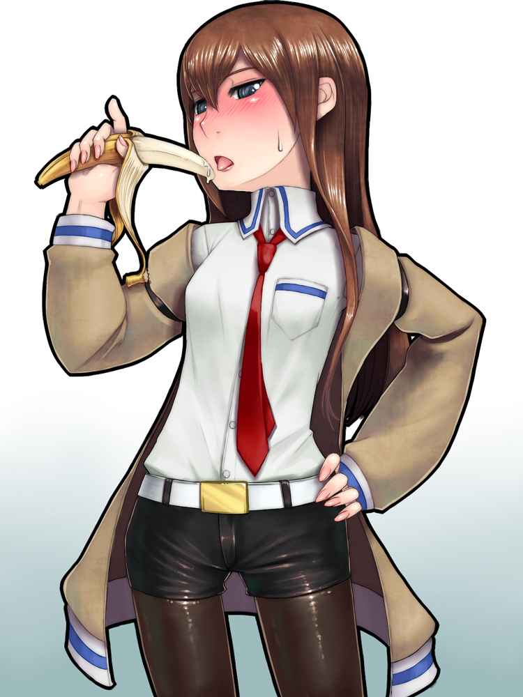 1girls blue_eyes blush brown_hair female female_only food fruit legwear_under_shorts long_hair makise_kurisu misonou_hirokichi pantyhose sexually_suggestive shorts slayer_approved solo steins;gate