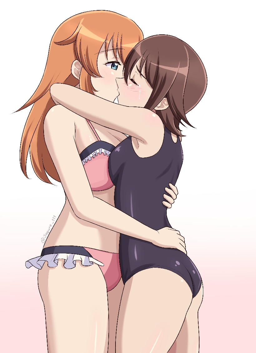 2girls ass back bra brown_hair charlotte_e_yeager eyes_closed jagure111 kissing large_breasts lesbian_kiss lesbians long_hair miyafuji_yoshika orange_hair panties short_hair strike_witches sukumizu tears world_witches_series yuri