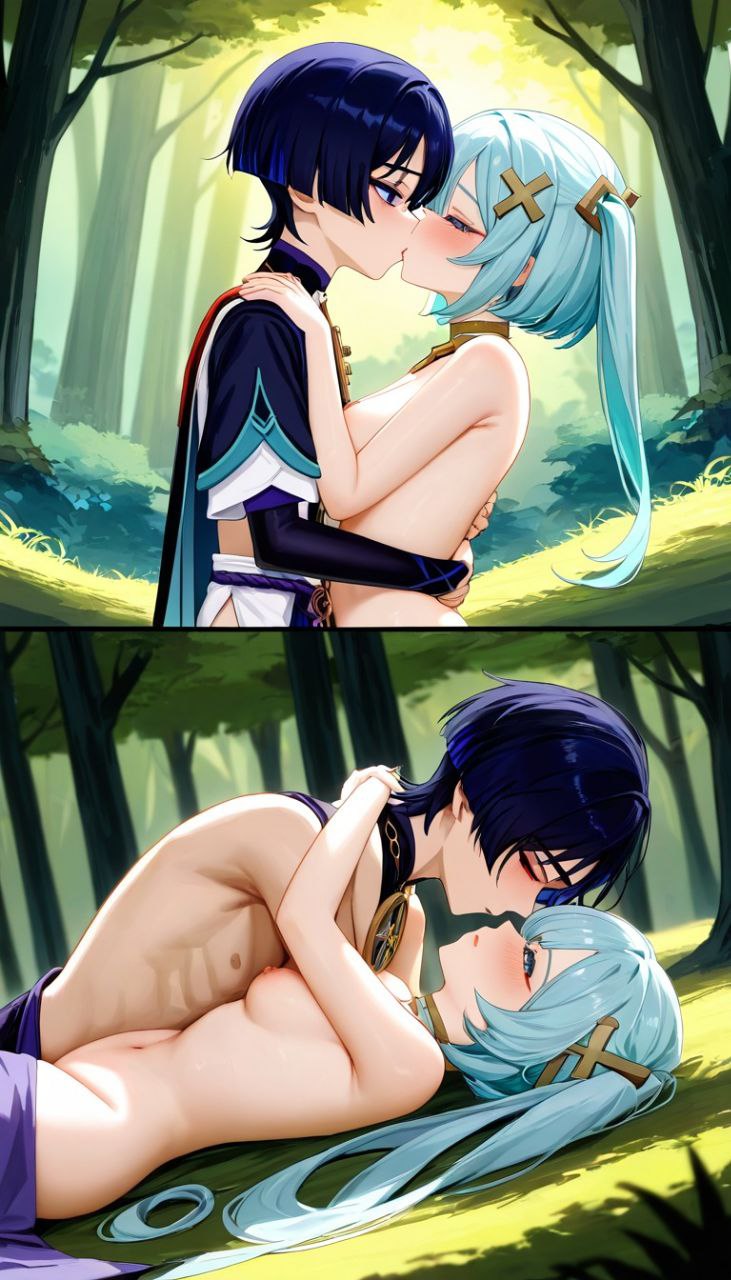 1boy 1girls ai_generated blue_hair breasts faruzan_(genshin_impact) female forest genshin_impact kissing long_hair lying_on_ground male male/female nude on_grass outdoor_nudity outdoors scaramouche_(genshin_impact) shirtless sideboob straight tagme topless