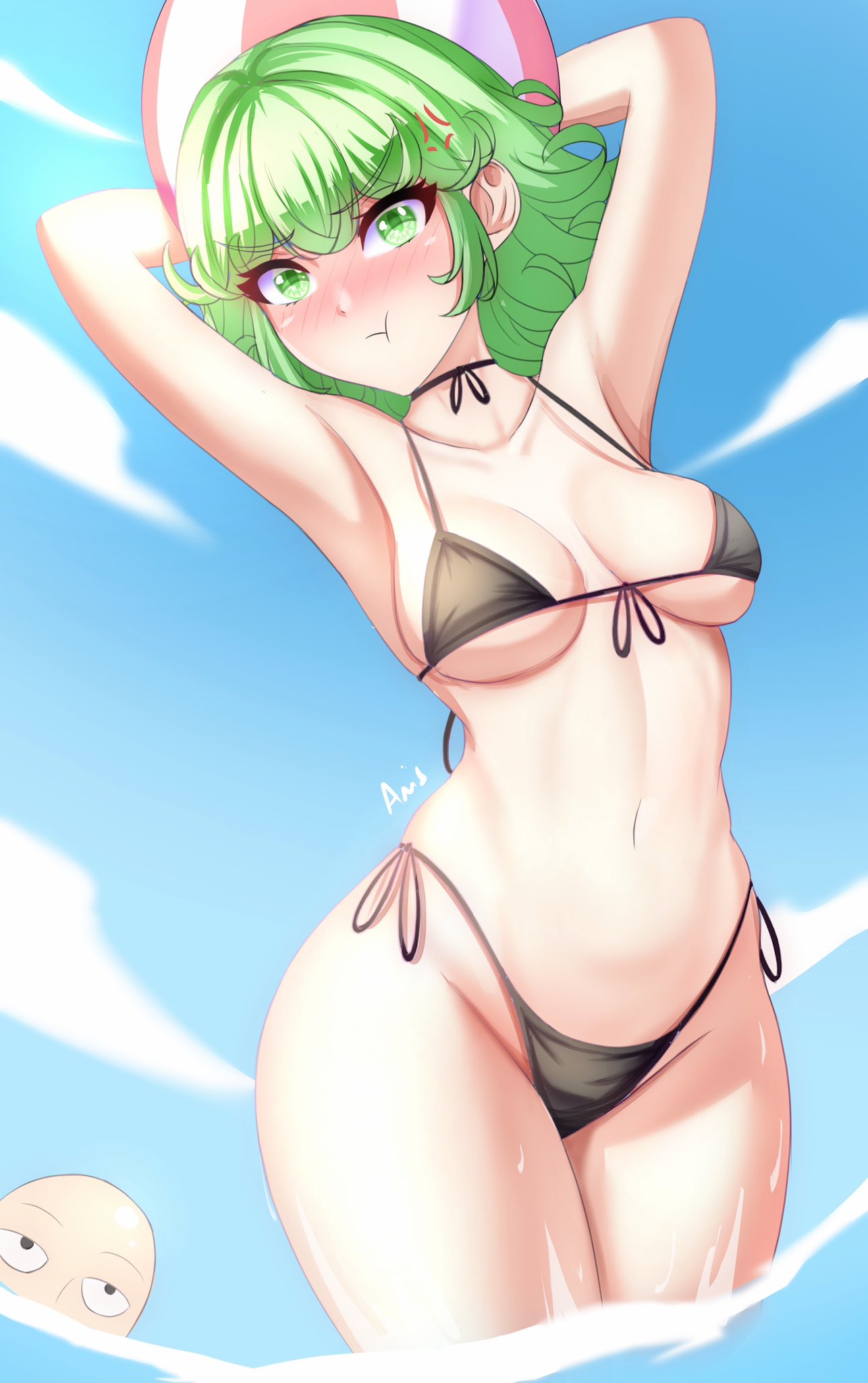 1boy 1girls :t alternate_breast_size anger_vein anisdrawn armpits arms_up ball bare_arms bare_shoulders beachball bikini black_bikini blue_sky blush breasts cloud commentary_request cowboy_shot curvy day female female_focus green_eyes green_hair highres large_breasts looking_at_viewer nose_blush one-punch_man outdoors saitama_(one-punch_man) short_hair side-tie_bikini_bottom sky solo_focus standing stomach swimsuit tatsumaki thighs thong_bikini wide_hips