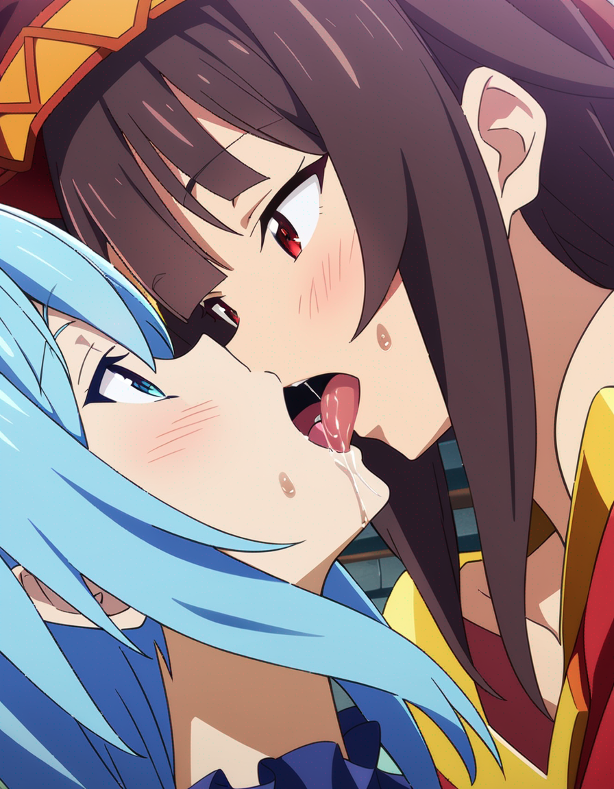 2girls ai_generated aqua_(konosuba) aqua_eyes aqua_hair blue_eyes blue_hair blush brown_hair clothed cute cute_face drooling drooling_tongue female female_only hat horny horny_female kissing kissing kono_subarashii_sekai_ni_shukufuku_wo! lesbian_kiss long_hair looking_at_partner megumin morindar open_eyes open_mouth red_eyes spit spitroast spitting tongue tongue_out yuri yuri