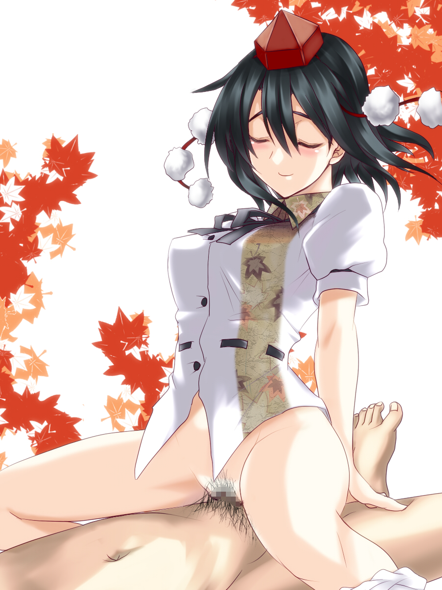 assertive black_hair blush bottomless censored closed_eyes clothed_sex cowgirl_position happy happy_sex hat highres leaf mosaic_censoring panties panties_around_leg panties_around_one_leg pubic_hair sex shameimaru_aya short_hair silve sitting smile solo straddle tokin_hat touhou underwear wide_hips