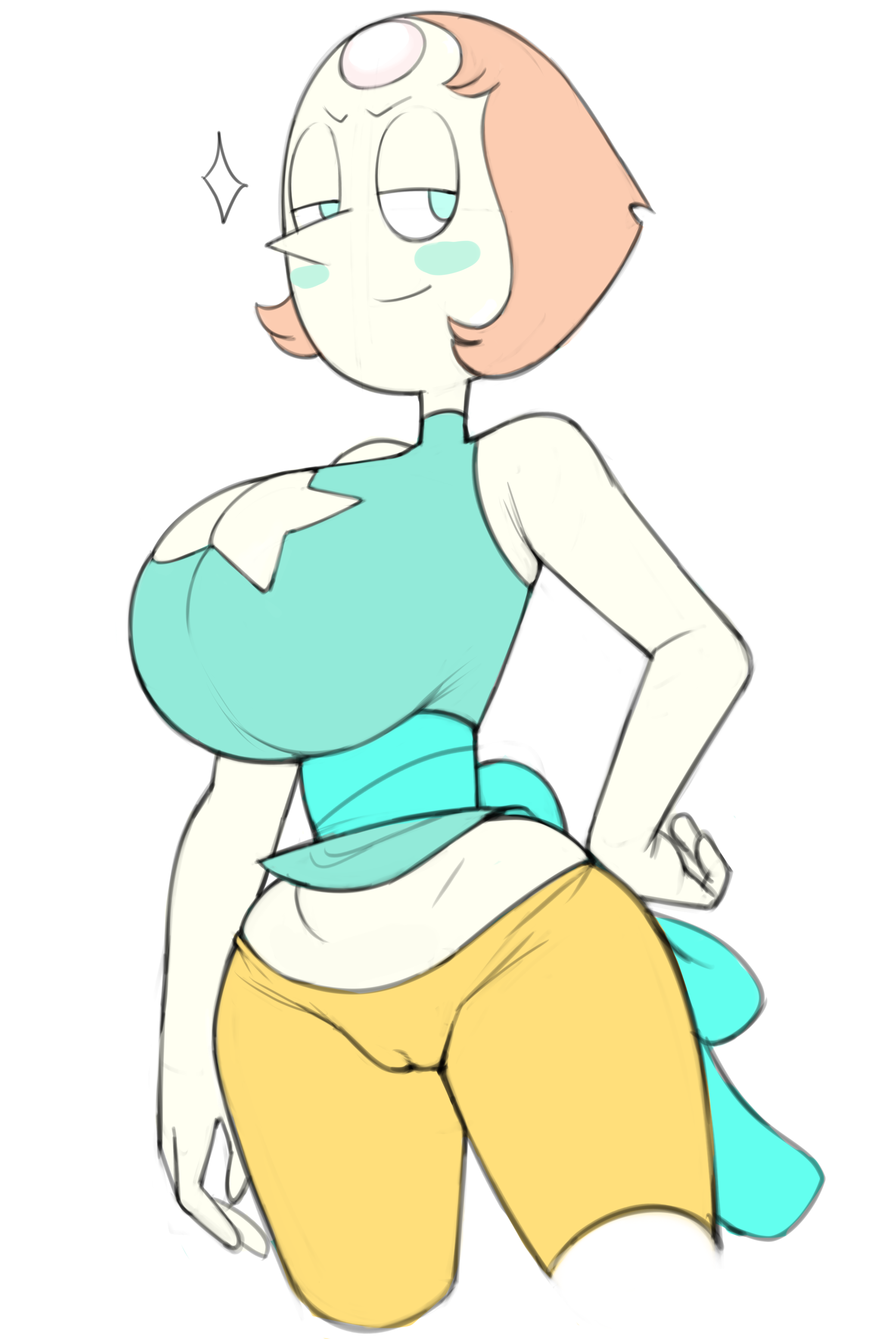 1girls, alternate breast size, alternate version available, big breasts, blue eyes, blush, blush stickers, breasts, busty, cameltoe, cleavage, cleavage cutout, crop top, female, female only, forehead jewel, gem (species), grey impact, hand on hip, hourglass figure, huge breasts, large breasts, midriff, orange hair, pearl (steven universe), pussy, shorts, sleeveless, smile, smug, solo, solo female, steven universe, strawberry blonde hair, thin waist, tight clothing, tight fit, vagina, voluptuous, wide hips