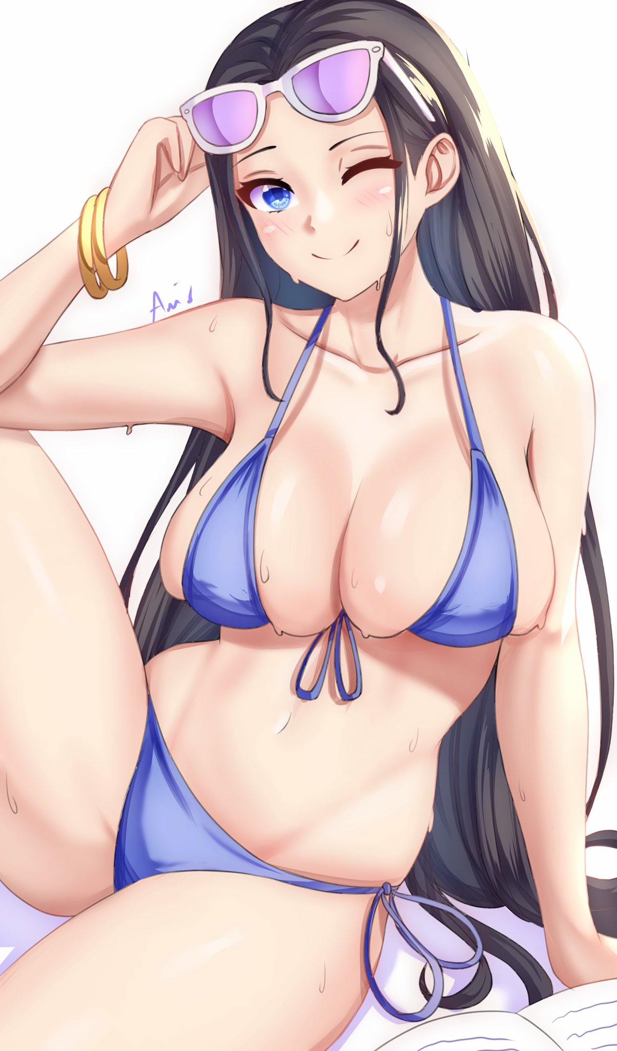 anisdrawn arm_support arm_up bare_shoulders bikini black_hair blue_bikini blue_eyes bracelet breasts collarbone eyewear_on_head female female_only gold_bracelet highres jewelry large_breasts looking_at_viewer navel nico_robin one_eye_closed one_piece purple-tinted_eyewear simple_background sitting skindentation smile solo stomach strap_gap sunglasses swimsuit tinted_eyewear wet white_background