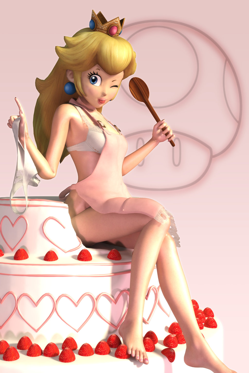 1girls 3d apron armpits barefoot blonde_hair blue_eyes bra breasts cake crown darklordiiid earrings feet female female_only food fruit human long_hair looking_at_viewer mario_(series) nintendo one_eye_closed panties pinup princess_peach simple_background sitting smile solo spoon strawberry toes tongue underwear white_bra white_panties wink