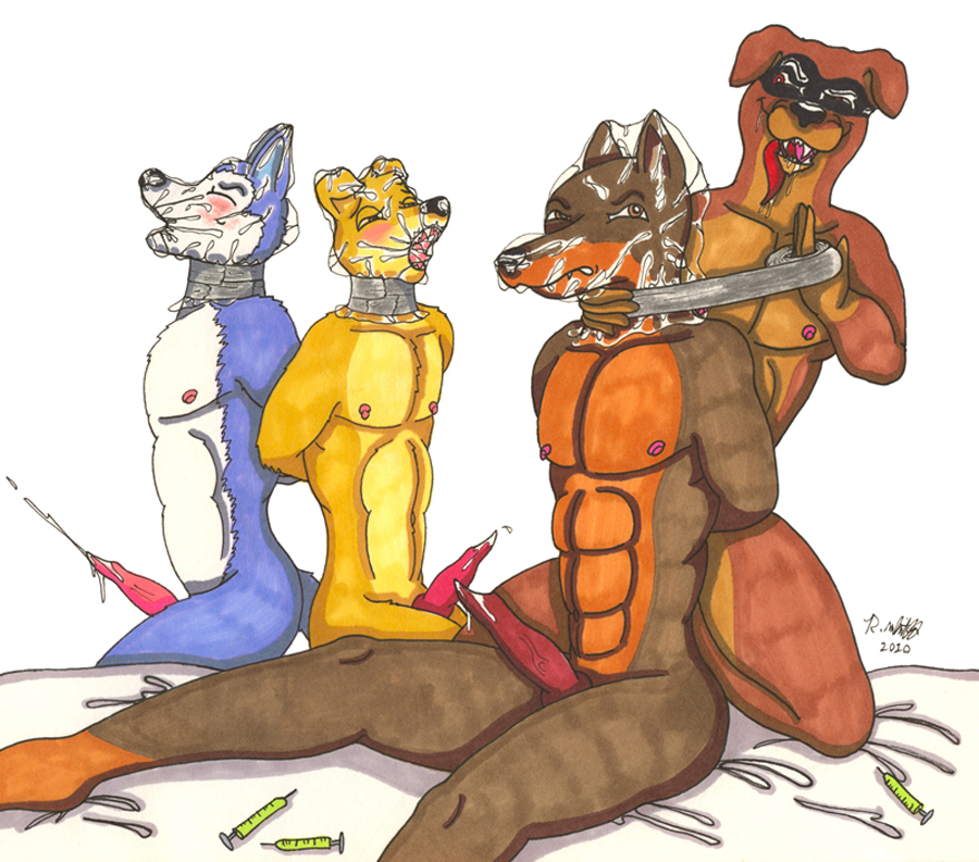 2010 abs anthro blitz bound cum exile felixpath_(artist) furry furry_only hunter_(road_rovers) male male_only multiple_males muzzle_(road_rovers) no_humans nude penis road_rovers sitting what yaoi