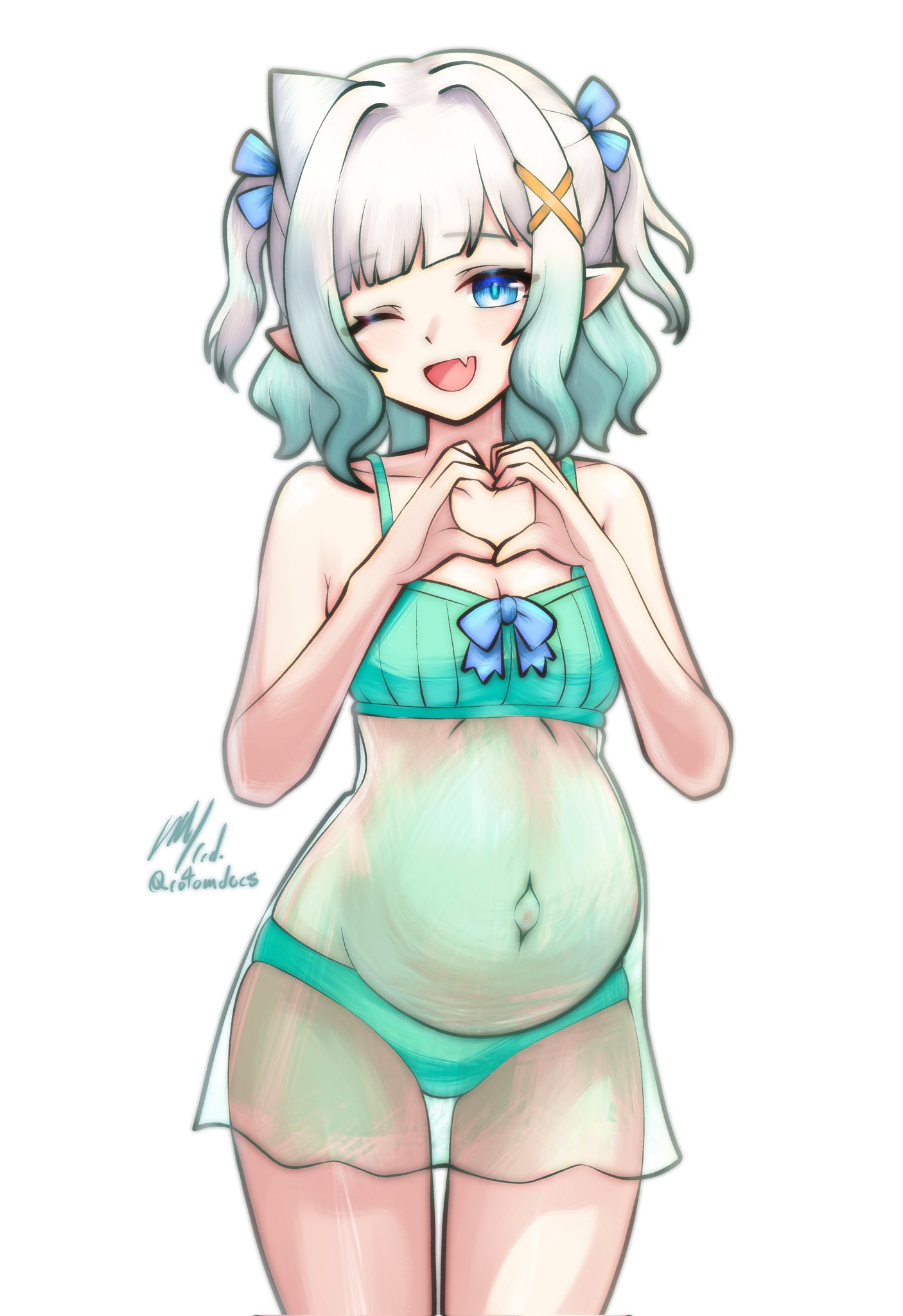 babydoll, blue eyes, densetsu.exe, female, female only, gradient hair, indie virtual youtuber, looking at viewer, maid mint, maternity clothes, maternity dress, medium hair, mint fantome, mint hair, negligee, nightgown, oerba yun fang, outie navel, panties, pointy ears, pregnant, rotomdocs, see-through clothing, small breasts, smile, solo, twintails, two-tone hair, virtual youtuber, white hair, wink