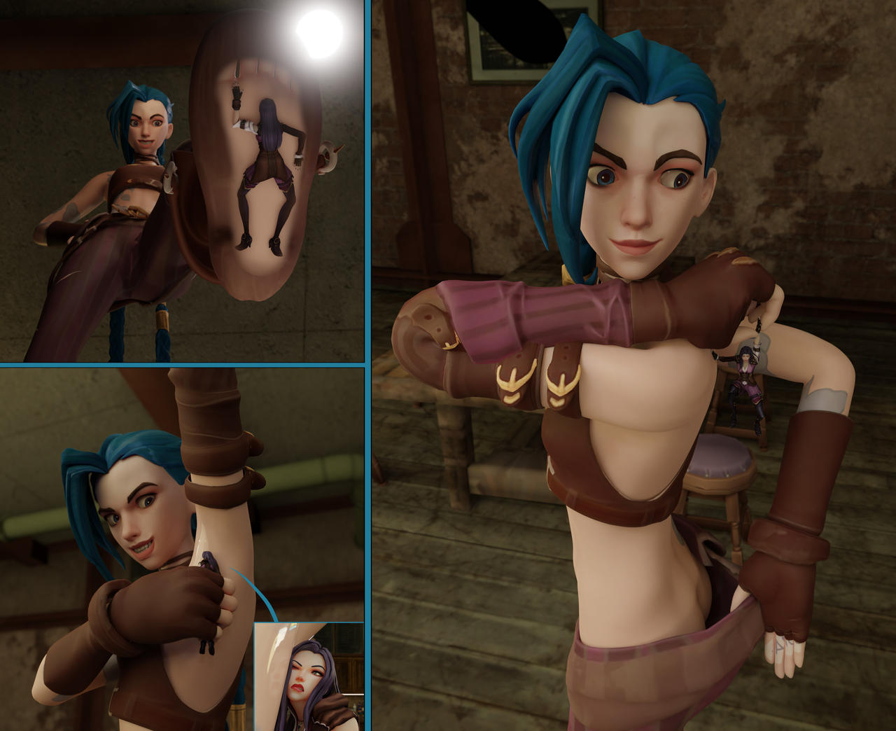 2girls 3d arcane_caitlyn arcane_jinx armpits ass caitlyn_kiramman feet giantess jinx_(league_of_legends) league_of_legends riot_games size_difference