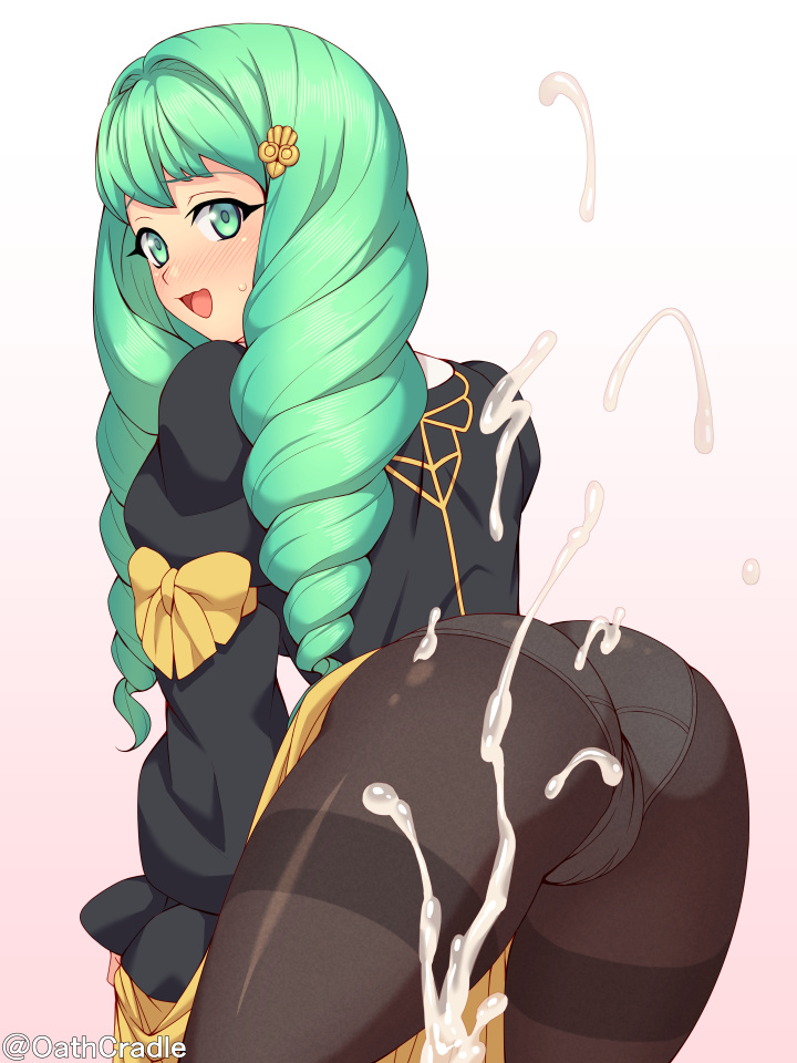 ass back black_legwear blush cowboy_shot cum cumshot dat_ass drill_hair embarrassed female fire_emblem fire_emblem:_three_houses flayn_(fire_emblem) from_behind garreg_mach_monastery_uniform gradient gradient_background green_eyes green_hair hair_ornament huge_ass leaning_forward long_hair looking_at_viewer looking_back nintendo oathcradle open_mouth orgasm panties panties_under_pantyhose pantyhose pantylines pink_background rere_(yusuke) simple_background solo sweatdrop twin_drills twitter_username underwear wavy_mouth