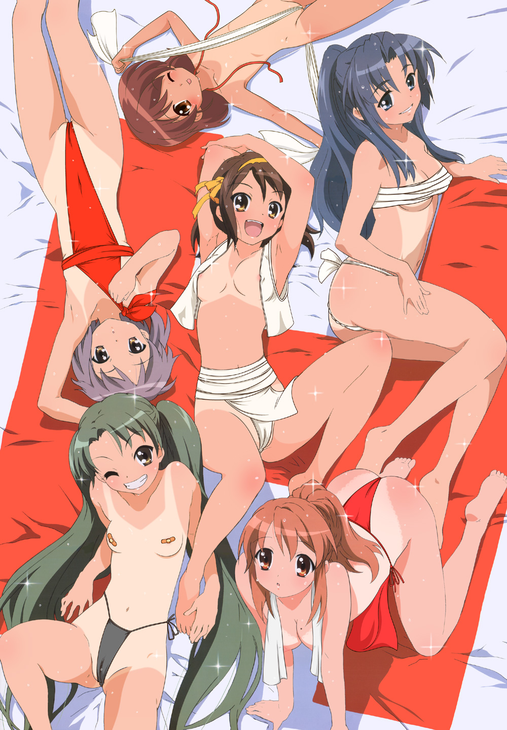 asahina_mikuru asakura_ryouko bandaid blue_eyes brown_eyes brown_hair cameltoe cardigan erect_nipples kyon_no_imouto long_hair nagato_yuki photoshop shiny short_hair side-tie_panties suzumiya_haruhi suzumiya_haruhi_no_yuuutsu tan tanline tsuruya wet