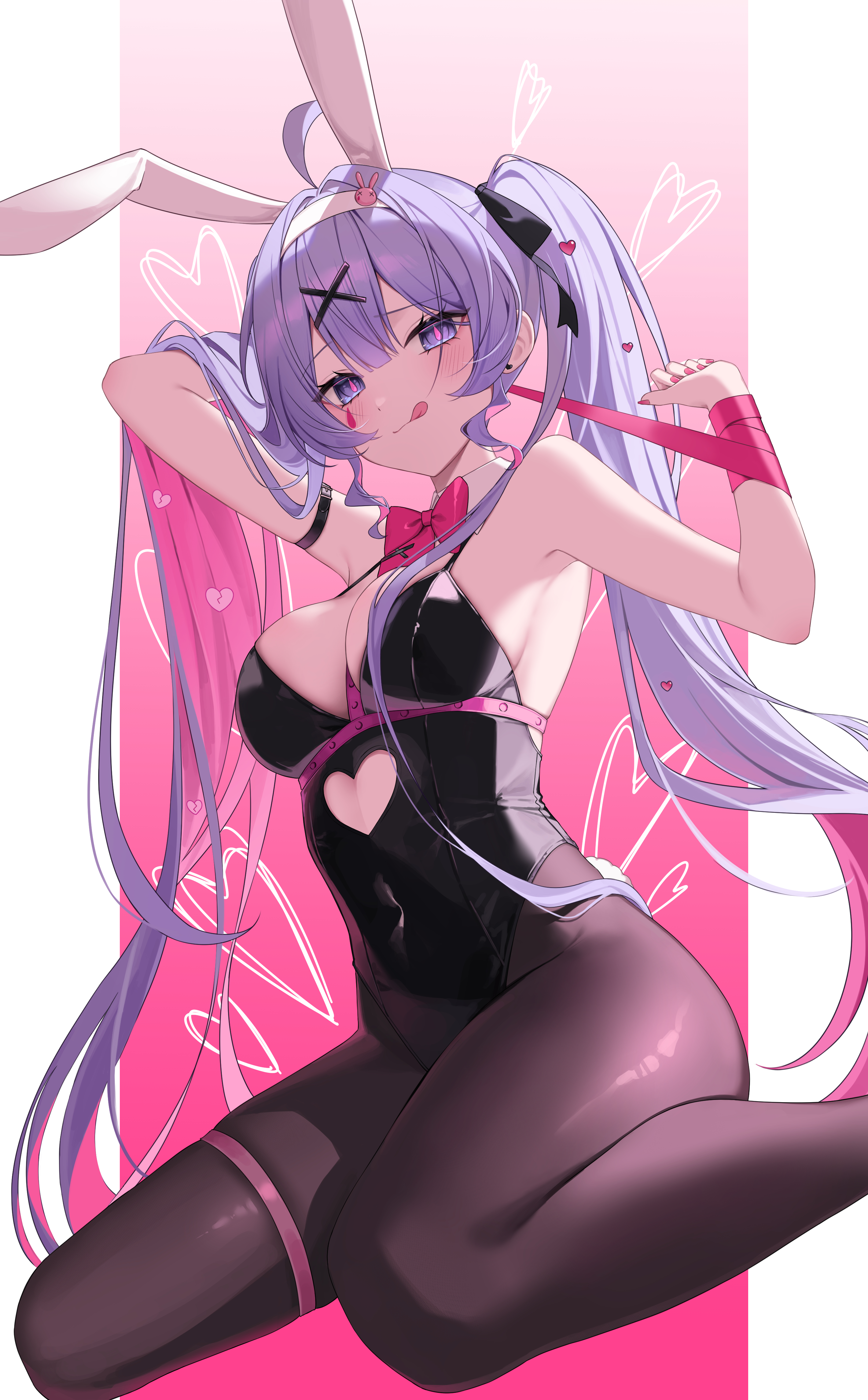 :p, :q, 1girl, 1girls, ahoge, animal ears, arm up, armpits, bare shoulders, black leotard, black pantyhose, blue eyes, blush, bow, bowtie, breasts, bunny ears, bunnysuit, cleavage, covered navel, detached collar, fake animal ears, female, female only, hair ornament, hairband, hatsune miku, heart, kneeling, large breasts, leotard, long hair, looking at viewer, momyong, multicolored hair, pantyhose, playboy bunny, purple hair, rabbit ears, rabbit hole (vocaloid), ribbon, sitting, solo, tagme, tape, thigh strap, tongue, tongue out, twintails, very long hair, vocaloid, wariza, x hair ornament