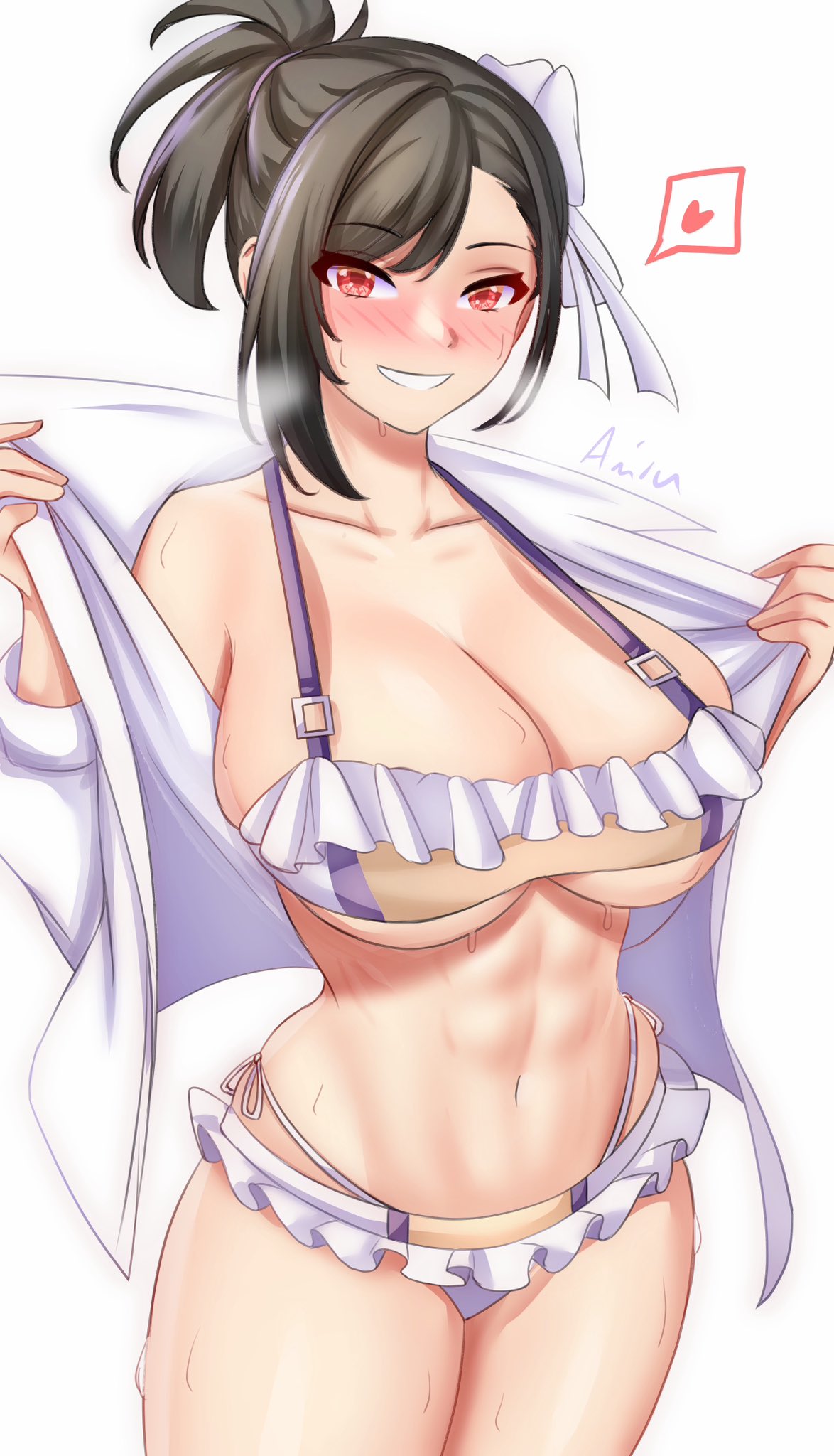 abs anisdrawn bikini bikini_skirt black_hair blush breasts breath female final_fantasy final_fantasy_vii final_fantasy_vii_rebirth final_fantasy_vii_remake frilled_bikini frills heart highres large_breasts microskirt official_alternate_costume official_alternate_hairstyle open_clothes open_shirt skirt smile solo spoken_heart swimsuit tifa_lockhart tifa_lockhart_(shining_spirit) toned toned_female