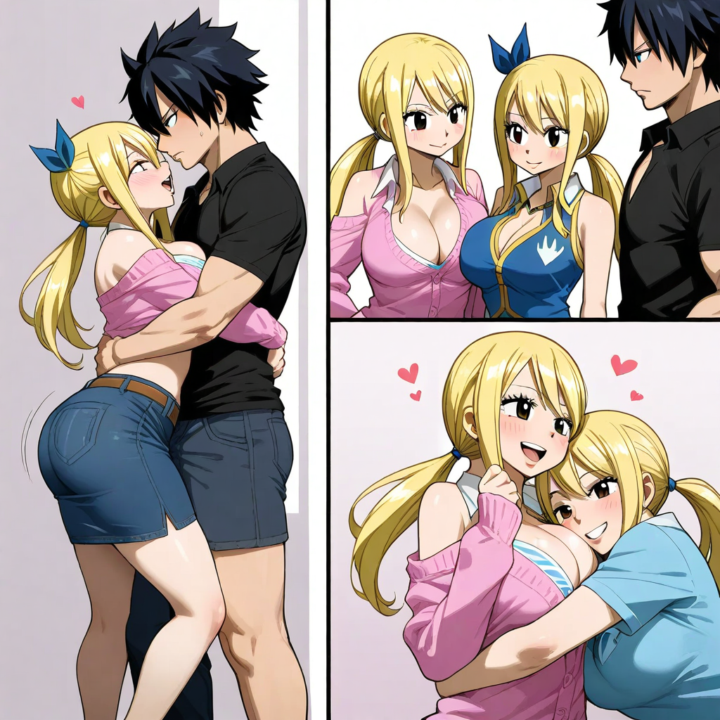 ai_generated black_hair blonde_hair couple fairy_tail gray_fullbuster lucy_heartfilia pixai twin_sisters