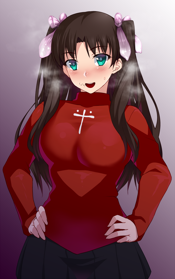 blue_eyes blush breasts brown_hair condom condom_accessories condom_hair_ornament cum fate/stay_night fate_(series) hips implied_fellatio looking_at_viewer namidame pubic_hair pubic_hair_in_mouth skirt smile stray_pubic_hair tohsaka_rin twintails used_condom