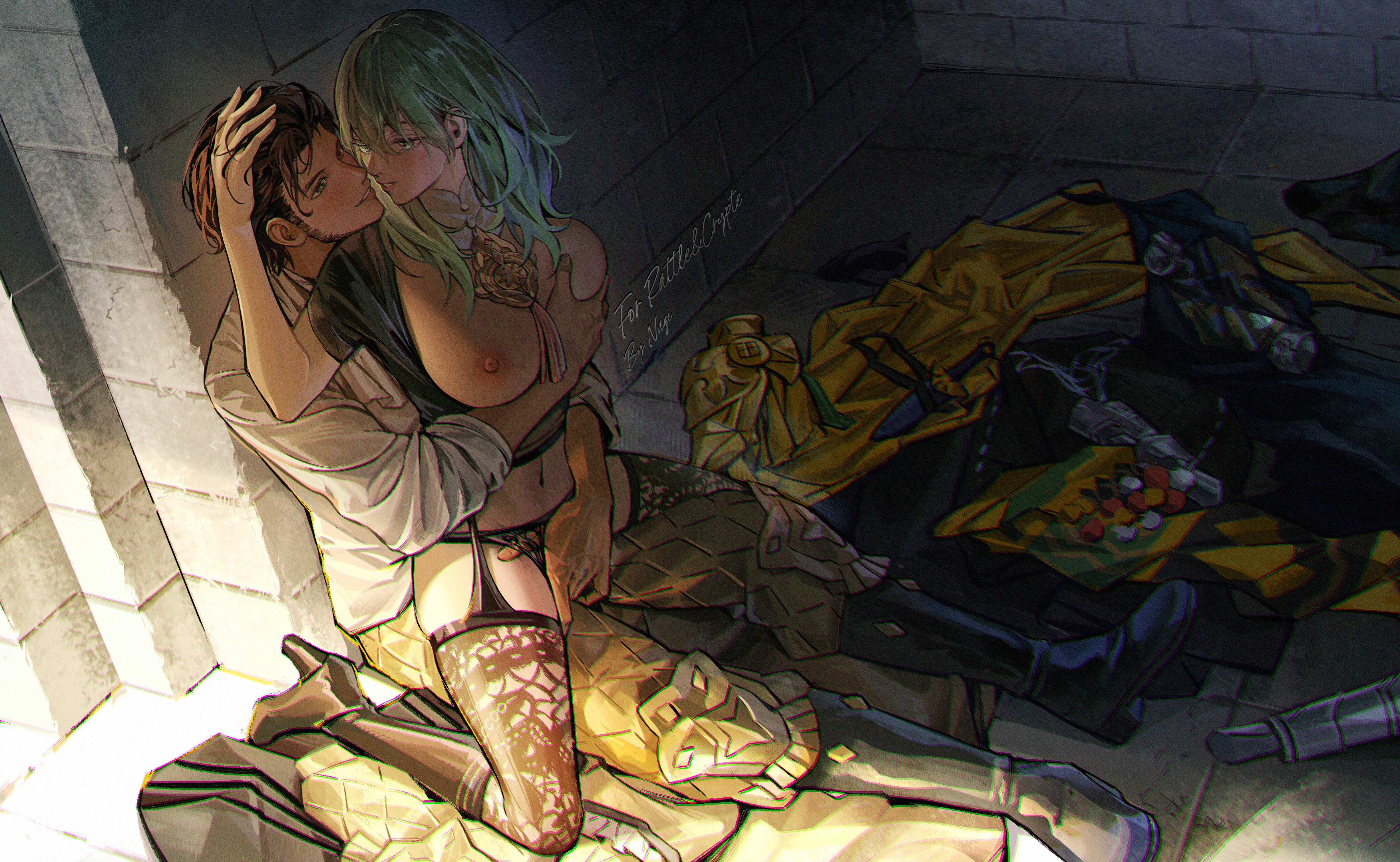 1boy, 1girls, absurdres, bangs, black panties, blush, boots, breast grab, breasts, breasts out, brown hair, byleth (fire emblem), byleth (fire emblem) (female), claude von riegan, clothes removed, female, fingering, fingering partner, fire emblem, fire emblem: three houses, garter belt, garter straps, grabbing, green eyes, green hair, groping, hand on head, hetero, highres, implied penetration, indoors, kiss, knife, lace, large breasts, leggings, legwear, light, lingerie, looking at another, male, medium hair, nintendo, nipples, panties, pantyhose, pussy, short hair, smile, thighhighs, underwear, undressed, vaginal penetration, zhihaiwusheng