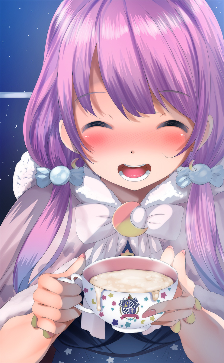 bad_id bangs blush candy_hair_ornament capelet closed_eyes crescent crescent_earrings cum cum_in_container cum_in_cup cup earrings eyebrows_visible_through_hair female fingernails food-themed_hair_ornament fumihiko_(pixiv2658856) gokkun hair_ornament highres himemori_luna holding holding_cup holoforce hololive hololive_japan jewelry long_fingernails long_hair open_mouth pink_hair purple_hair round_teeth solo stray_pubic_hair teeth virtual_youtuber