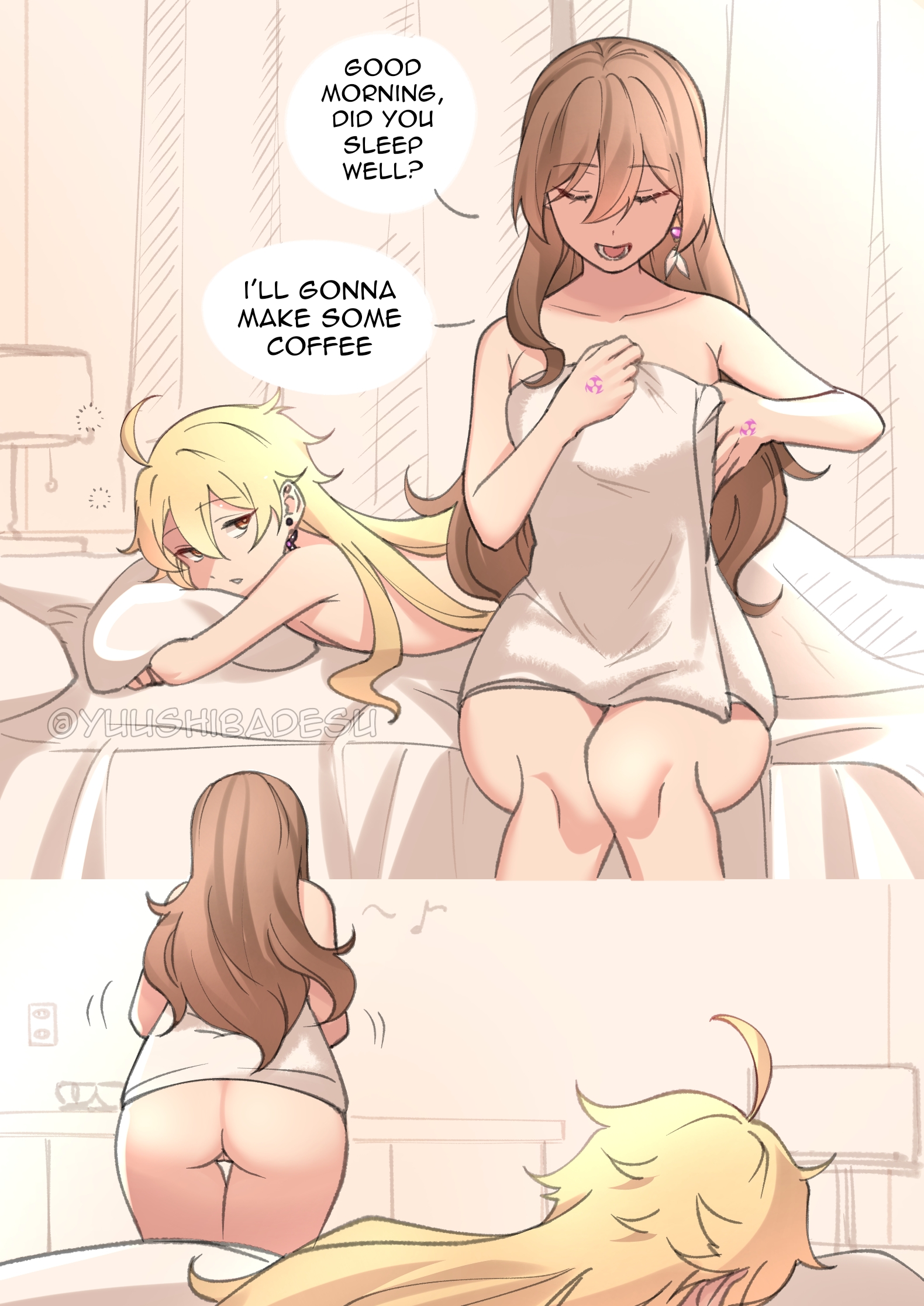 1boy, 1girls, aether (genshin impact), ass, back view, bedroom, bent over, bigger female, comic, english text, female, from behind, genshin impact, lisa (genshin impact), male, morning, nude, nude female, older female, pillow, pillow hug, pussy, smaller male, straight, towel, yuushiba