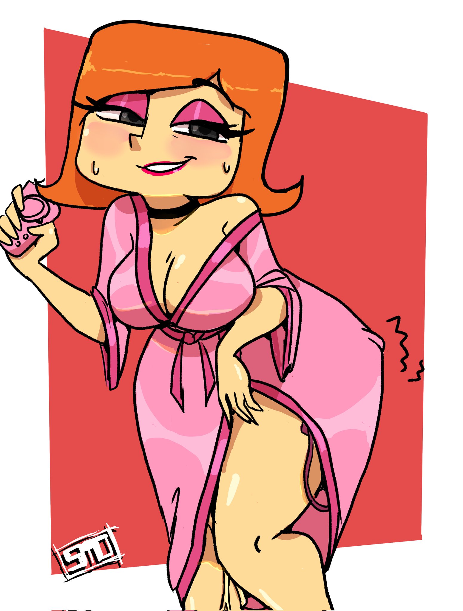 1girls, bathrobe, big breasts, breasts, cleavage, debbie turnbull, debs turnbull, female, female only, light skin, light-skinned female, looking at viewer, mature female, milf, mother, orange hair, pleasure face, robe, robotboy, sex toy, smmyart, solo, thick thighs, vibrator, vibrator under clothes, white background, wide hips