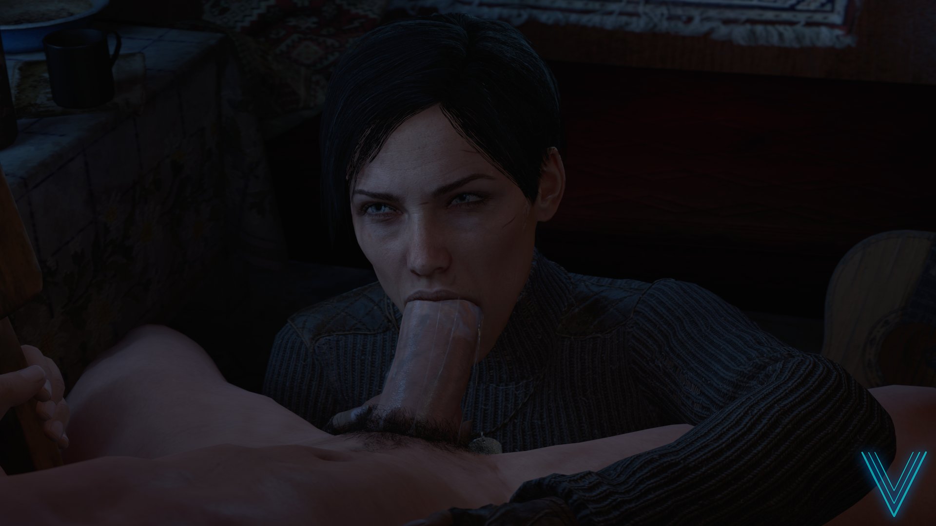 1girls, 3d, anna miller (metro), black hair, blue eyes, clothing, european, eye contact, fellatio, female, light skin, light-skinned female, light-skinned male, male, metro (series), metro exodus, oral, partial male, pov, pubic hair, russian, saliva, saliva string, short hair, the vice art