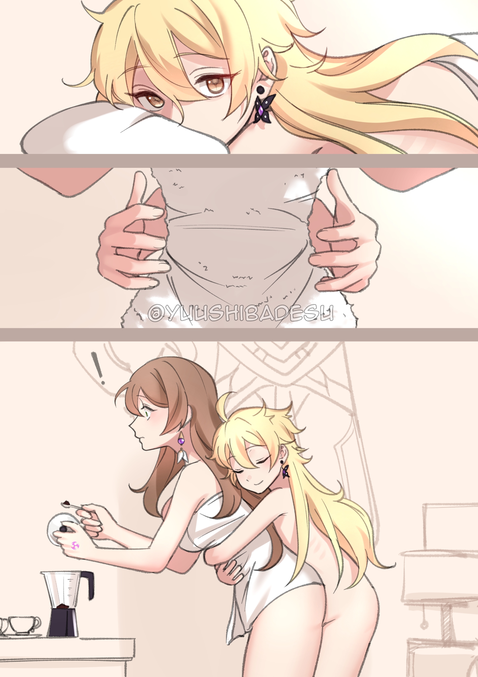 1boy, 1girls, aether (genshin impact), bedroom, bigger female, bishonen, breasts, closed eyes, comic, female, genshin impact, girly, hug, hug from behind, lisa (genshin impact), male, nude, nude female, older female, pillow, pillow hug, size difference, smaller male, smile, straight, surprised, yuushiba