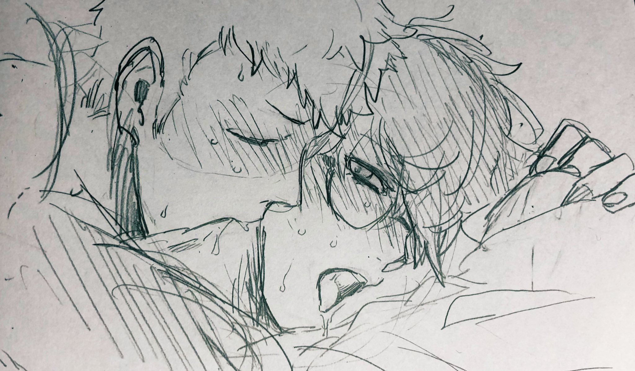 bed, blush, close up, drooling, gay, glasses, kissing neck, male, monochrome, no color, persona 5, pillow, ren amamiya, ronkitci, ryuji sakamoto, sketch, sweat, tongue, tongue out, yaoi