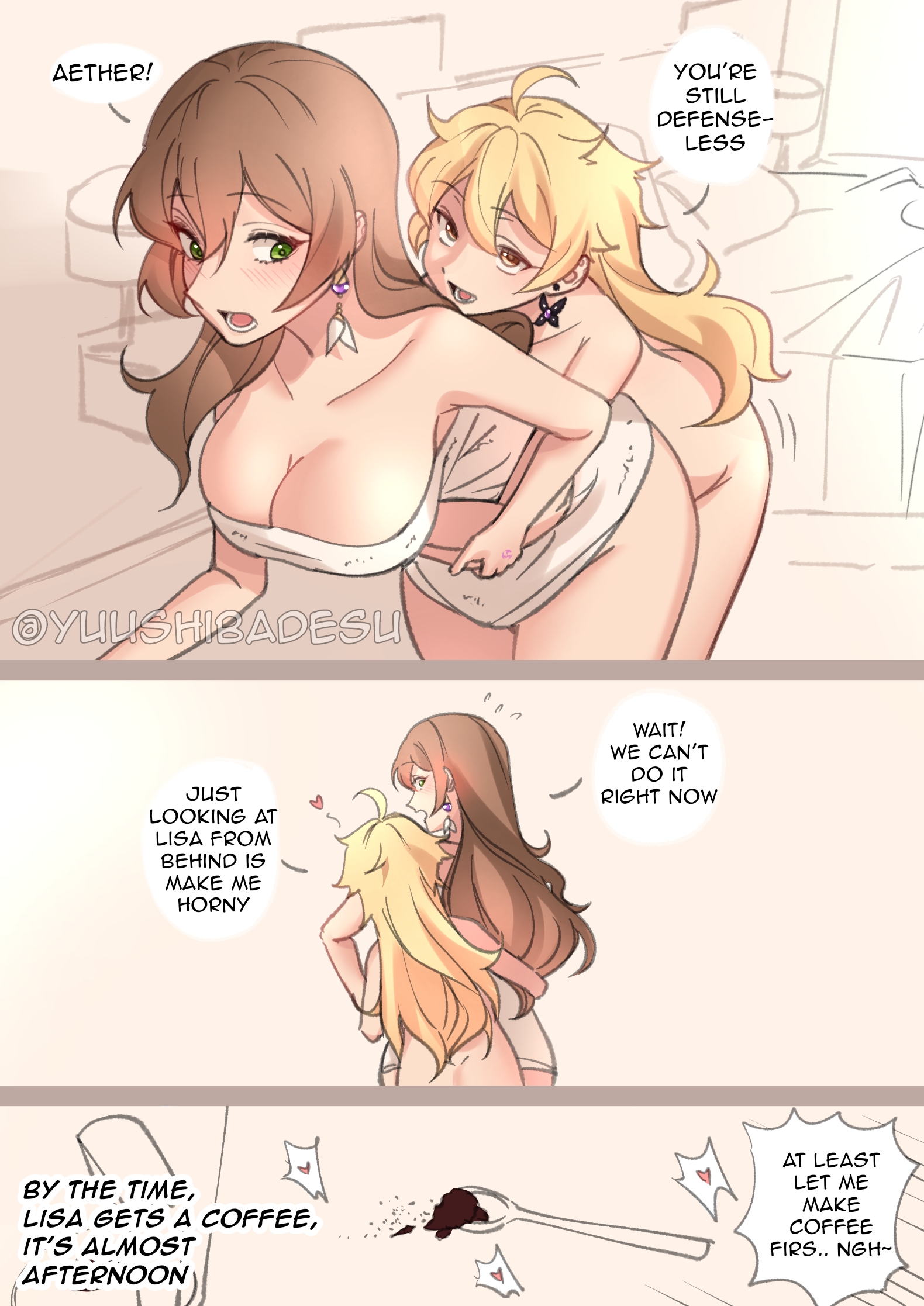 1boy, 1girls, aether (genshin impact), bed, bedroom, bent over, bigger female, blush, breasts, cleavage, comic, english text, female, genshin impact, heart, horny, hug, hug from behind, large breasts, lisa (genshin impact), male, nude, older female, smaller male, straight, towel, yuushiba