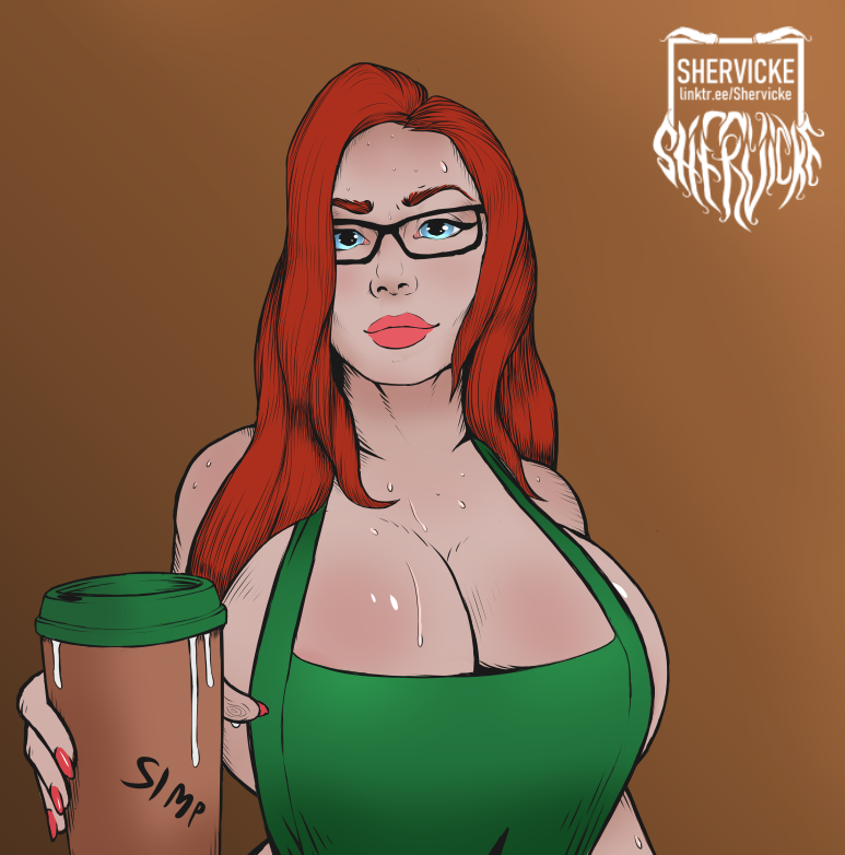 apron apron_only areolae artist_name big_breasts blue_eyes breasts cleavage coffee_cup cyan_eyes egirl fanart female female_only fingernails full_lips glasses iced_latte_with_breast_milk lactating looking_at_viewer meme nail_polish nipples nude nude_female pov pureruby87 real_person red_hair slutstorm starbucks streamer