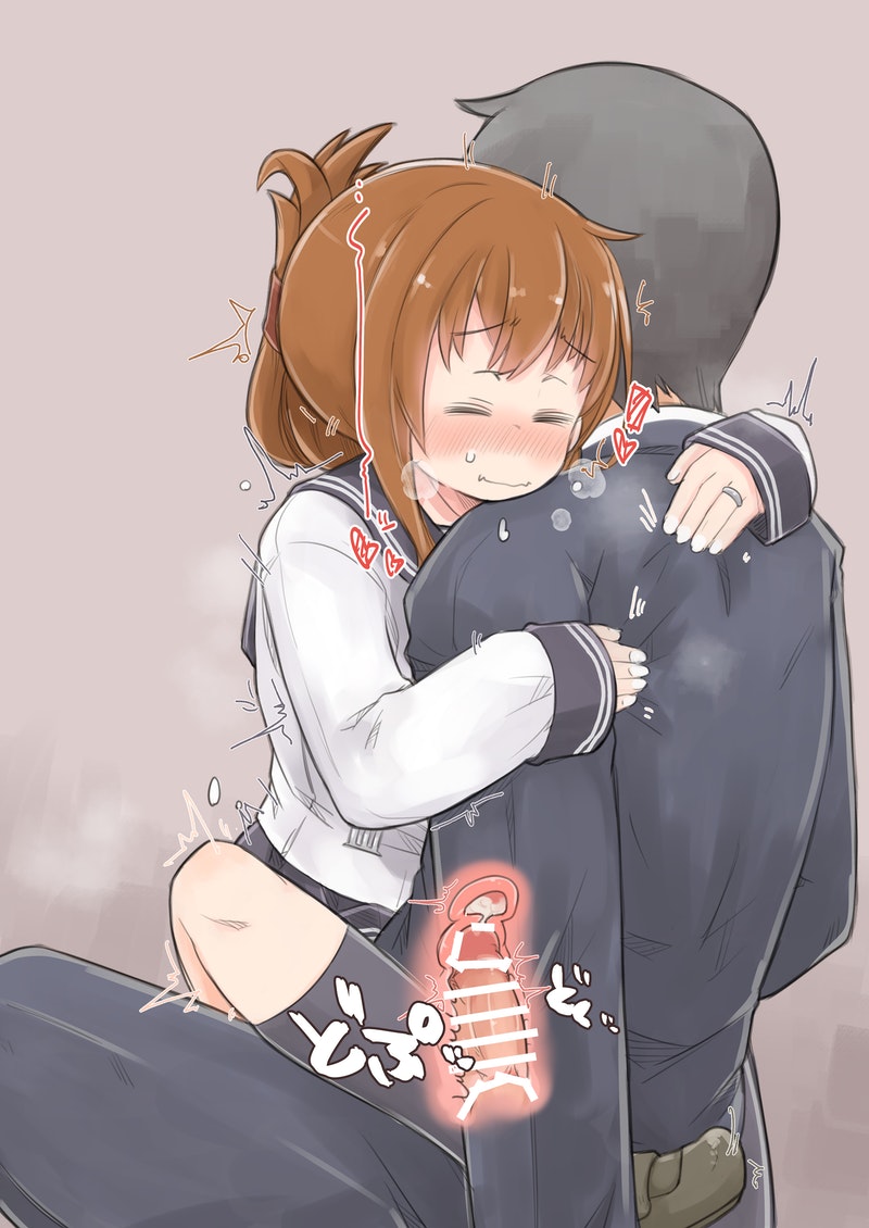 1boy 1girls bangs black_hair blush brown_hair closed_eyes clothed_sex clothing cum cum_in_pussy cum_in_uterus cum_inside enjaku_izuku eyebrows_visible_through_hair female female_on_top hug hugging inazuma_(kantai_collection) jewelry kantai_collection leg_lock long_hair male mary_janes penetration penis ring school_uniform schoolgirl sex shirt shoes sidelocks socks solo_focus sound_effects spread_legs steam uterus vaginal_penetration wedding_band white_shirt x-ray