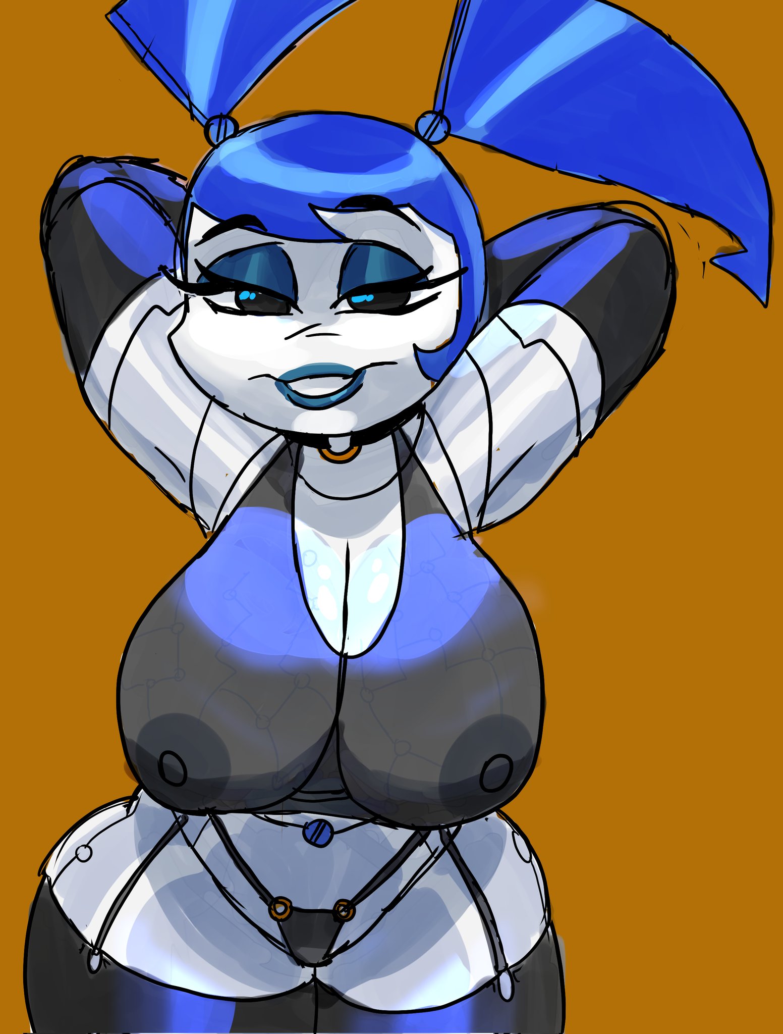 1girls, arms behind head, big breasts, breasts, choker, female, jenny wakeman, looking at viewer, my life as a teenage robot, nipples, nipples visible through clothing, non-mammal breasts, robot, robot girl, smmyart, smooth skin, thick thighs, twintails, wide hips, xj-9