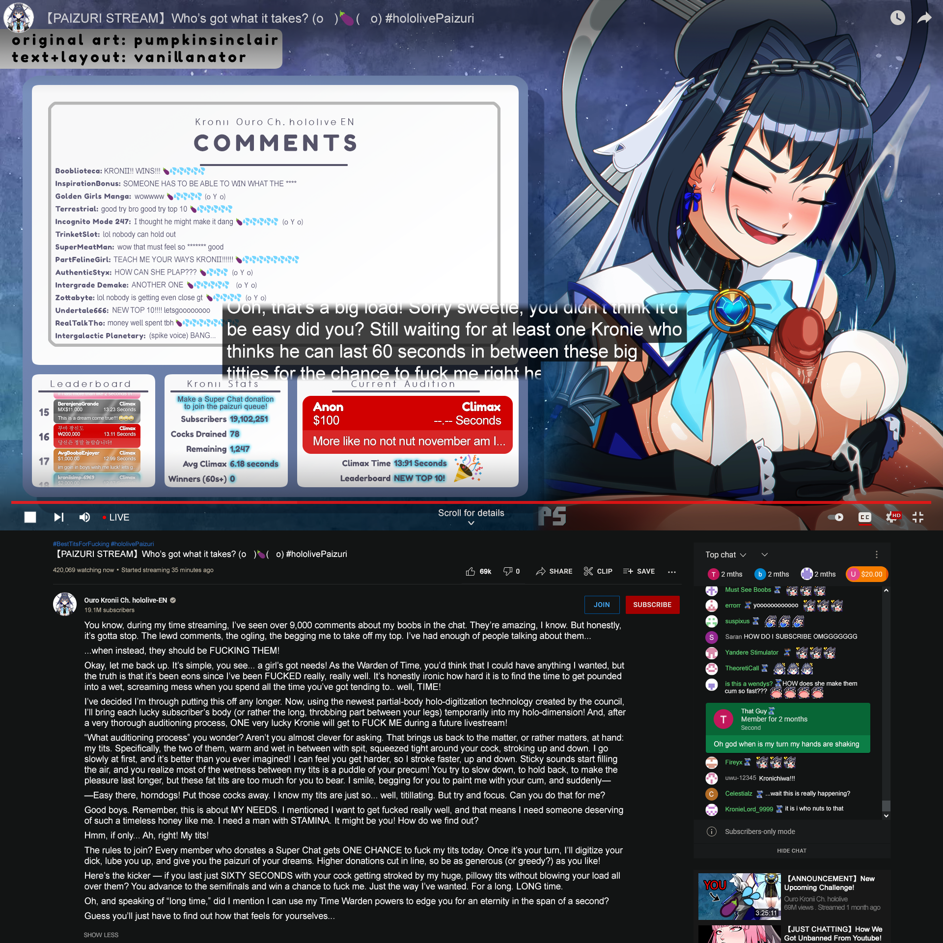 1boy, 1girls, blue hair, blush, breasts, caption, closed eyes, cum, earrings, edit, ejaculation, ejaculation between breasts, female, female focus, gloves, grin, hair intakes, hair ornament, hololive, hololive english, hololive english -council-, hololive english -promise-, huge breasts, large breasts, livestream, male, ouro kronii, paizuri, penis, pumpkinsinclair, ribbon, streaming, text, third-party edit, unseen male face, vanillanator, virtual youtuber, youtube, youtuber