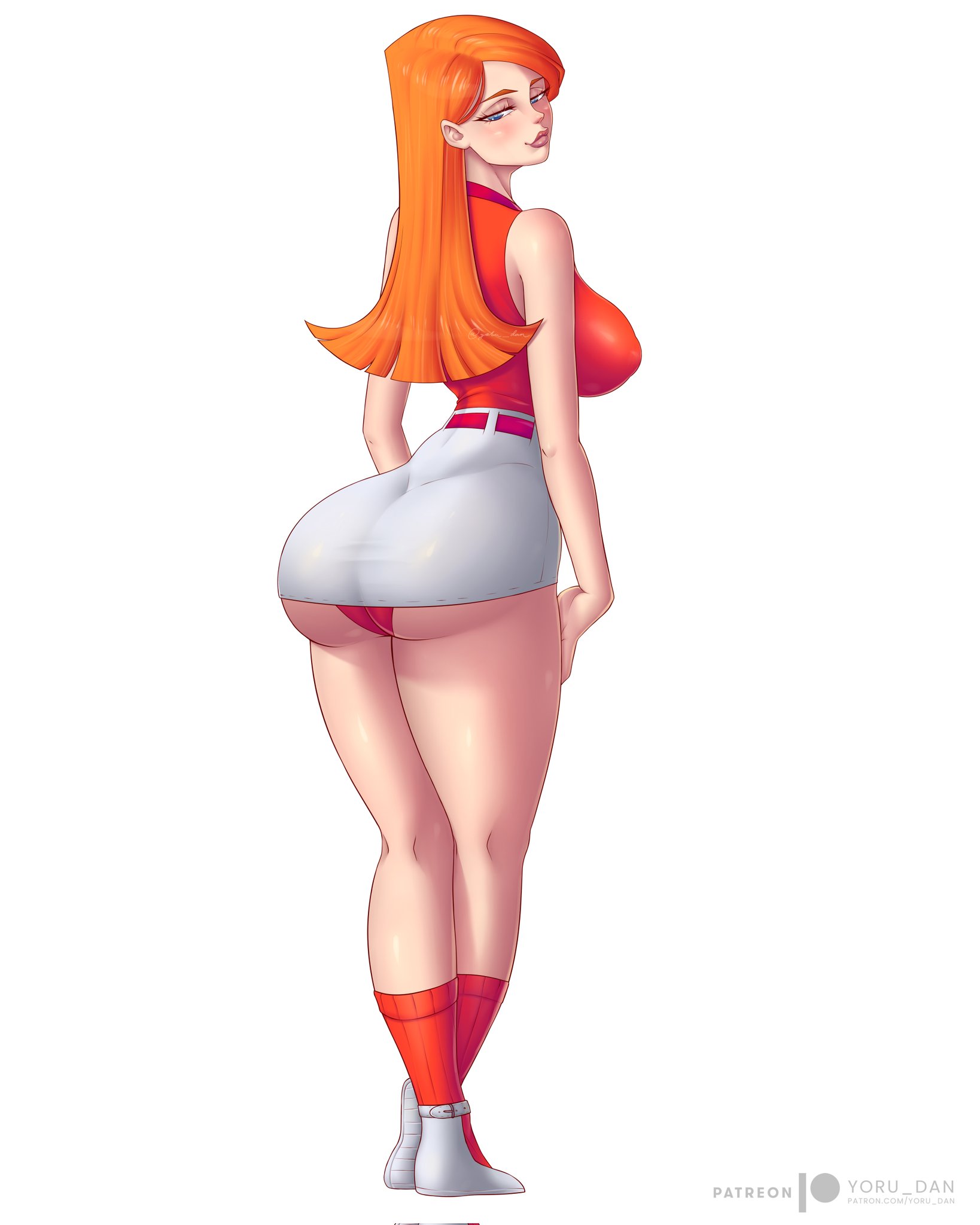 1girls, ass, bare shoulders, big ass, big breasts, big butt, blue eyes, breasts, candace flynn, disney, disney channel, disney xd, eye contact, fat ass, female, female focus, female only, ginger, hips, human, human only, large ass, large breasts, large butt, long hair, looking at viewer, orange hair, panties, phineas and ferb, skirt, solo, solo female, standing, thick, thick ass, thick thighs, thighs, white background, white female, wide hips, yoru dan