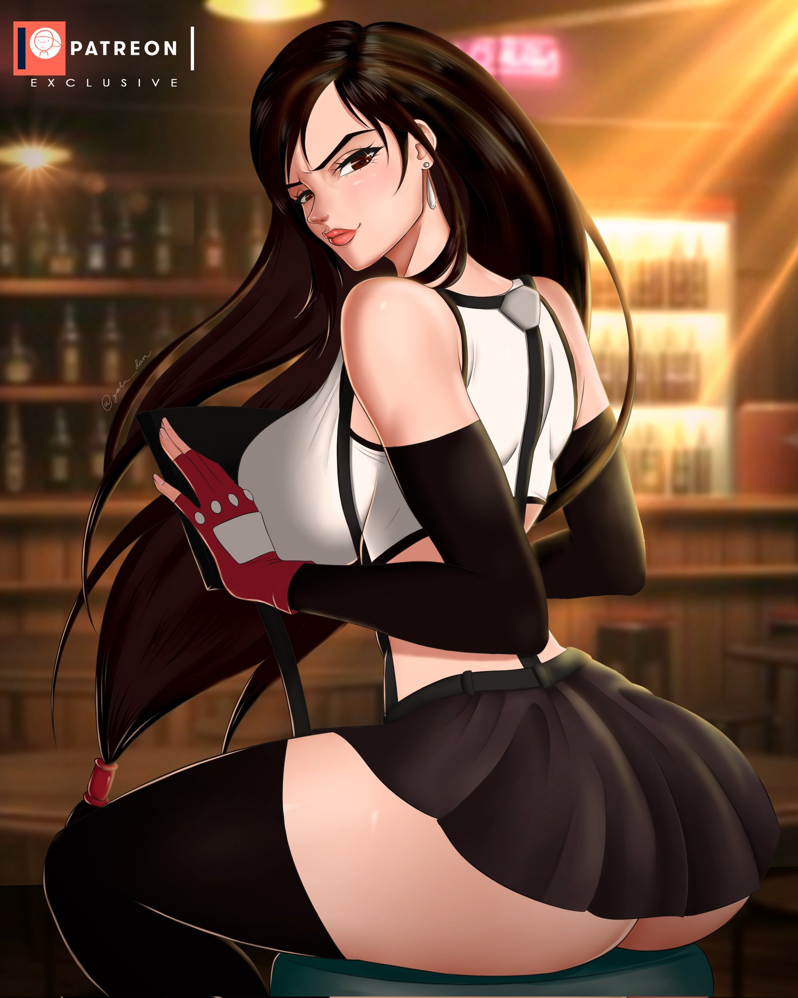 1girls, ass, big ass, big breasts, big butt, black hair, black-haired female, breasts, brown eyes, chair, eye contact, female, final fantasy, final fantasy vii, gloves, long hair, looking at viewer, sideboob, sitting, sitting on chair, skirt, solo, stool position, thick thighs, thighhighs, thighs, tifa lockhart, yoru dan