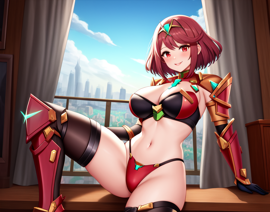 1girls, ai generated, alternate costume, bikini armor, city background, female, female only, latex gloves, nai diffusion, pyra, red eyes, red hair, sky, smile, stable diffusion, window, xenoblade chronicles 2