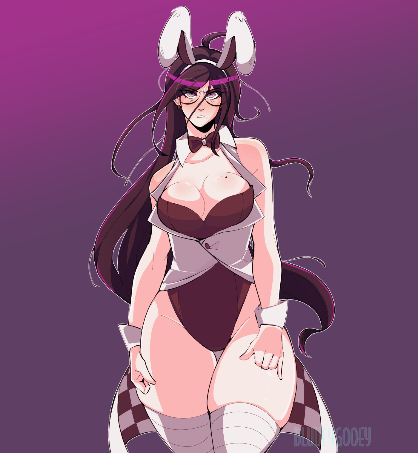 1girls, bare thighs, bluueygooey, breasts, bunny ears, bunny girl, bunnysuit, cleavage, danganronpa, danganronpa ultra despair girls, female, female only, fukawa touko, glasses, large breasts, long hair, looking at viewer, mole, mole on breast, mole under mouth, purple background, purple eyes, purple hair, smooth skin, solo, thick thighs, thighs, very long hair