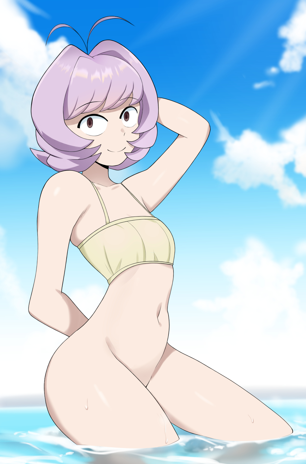 ambiguous_gender armpits beach bottomless eqeart eye_contact komi-san_wa_komyushou_desu looking_at_viewer osana_najimi pose purple_eyes purple_hair short_hair sky smile solo solo_focus standing thick_thighs thighs