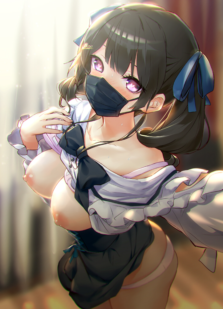 alternate costume, alternate hairstyle, black bow, black bowtie, black hair, black skirt, blouse, blue ribbon, blurry, blurry background, blush, bow, bowtie, bra, bra lift, breasts, breasts out, clothes lift, commentary, corset, cowboy shot, curtains, eyelashes, female, hair ornament, hair ribbon, hairclip, half updo, heart, heart-shaped pupils, indoors, lifted by self, long hair, looking at viewer, mask, medium breasts, mouth mask, nijisanji, nipples, outstretched arm, panties, pink bra, pink panties, purple eyes, ribbon, self exposure, selfie, shirt lift, skirt, solo, standing, strap slip, sunlight, surgical mask, symbol-shaped pupils, tsukino mito, tsuyudakunanoda, twintails, underbust, underwear, virtual youtuber, white blouse, window