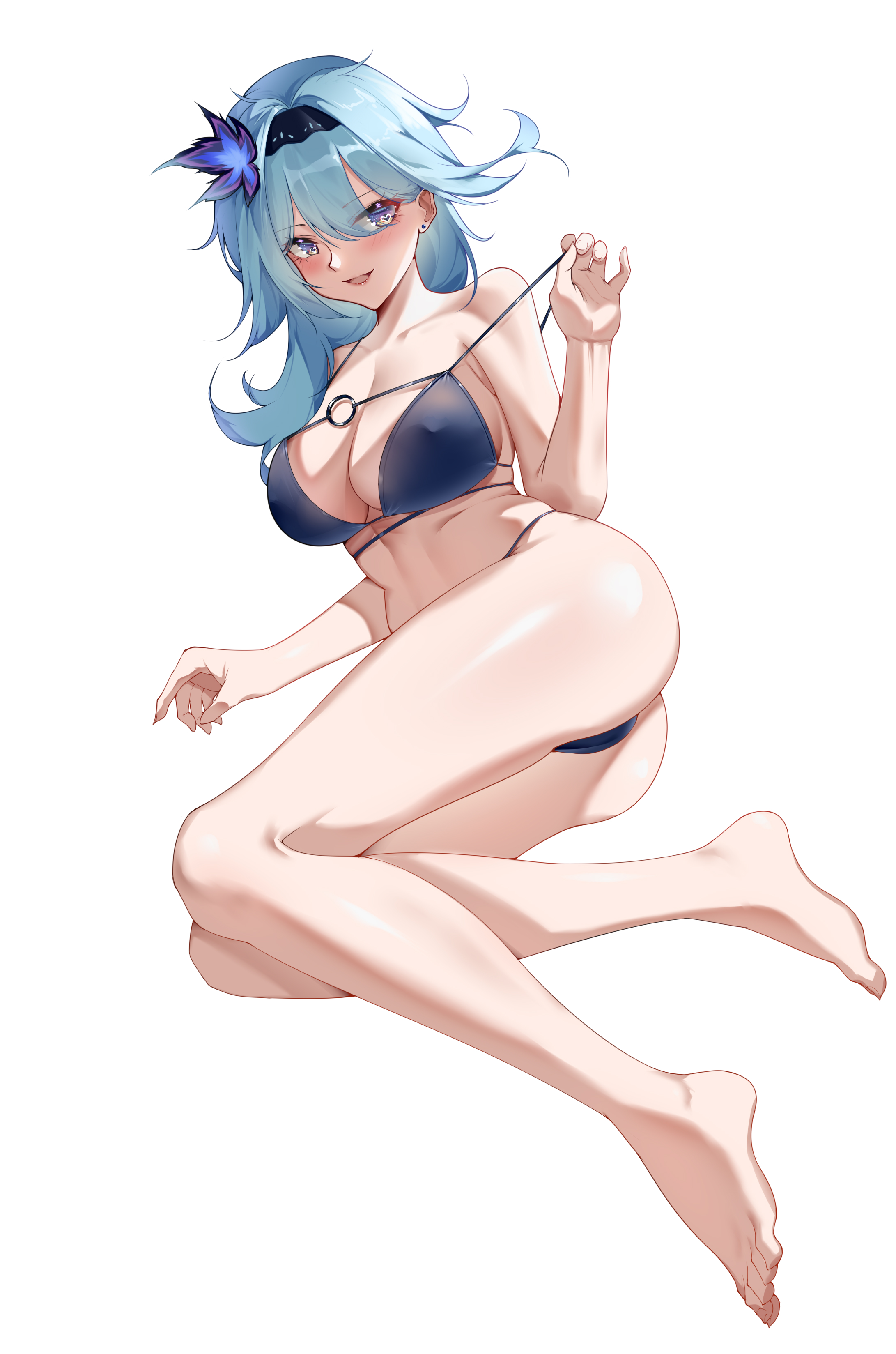 :d, absurdres, artist request, ass, bare arms, bare legs, bare shoulders, barefoot, bikini, black hairband, blue bikini, blue eyes, blue hair, blush, breasts, cleavage, collarbone, commentary request, earrings, eula (genshin impact), eyebrows visible through hair, feet, female, full body, genshin impact, hair ornament, hairband, hand up, highres, jewelry, large breasts, long hair, looking at viewer, lying, o-ring, o-ring bikini, on side, open mouth, pulled by self, simple background, smile, solo, stomach, strap pull, stud earrings, swimsuit, thighs, white background, yiran