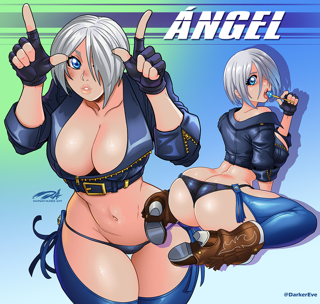 1girls, angel (kof), ass, ass cleavage, ass crack, blue eyes, butt crack, cleavage, clothing, darkereve, female, female only, hair over one eye, king of fighters, kneeling, lollipop, looking at viewer, medium hair, mexican, milf, pose, snk, solo, solo female, thick thighs, white hair
