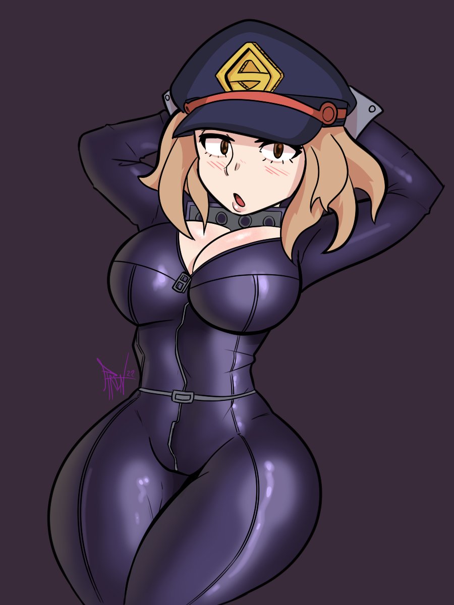 1girls big_breasts breasts brown_eyes camie_utsushimi clothed clothing female female_focus female_only hands_behind_head hat looking_at_viewer my_hero_academia phrenpai shiketsu_high_school_cap skin_tight skin_tight_suit solo solo_female tagme thick_thighs thighs wrist_cuffs