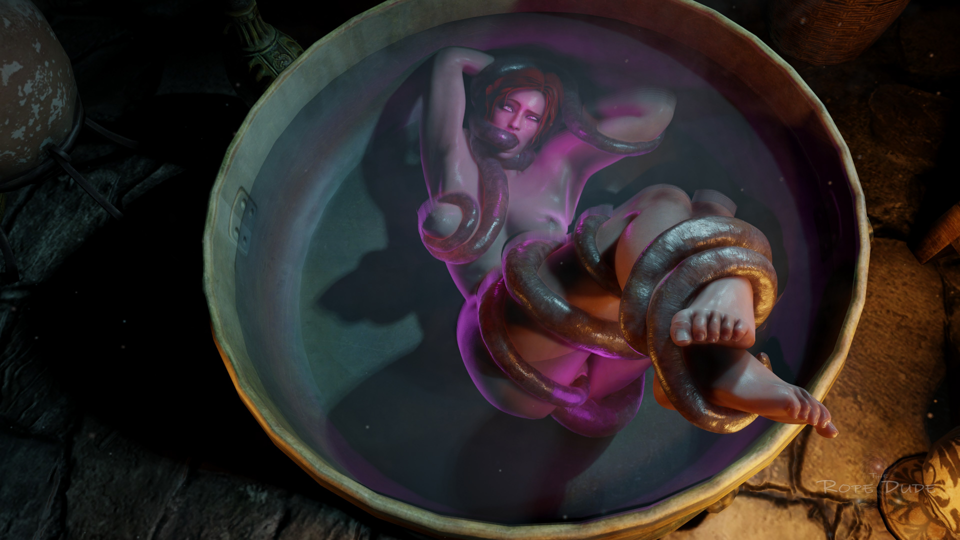 16:9 aspect ratio, 3d, ambiguous background, asphyxiation, barefoot, bath, bathing, blender (software), bondage, capture, distress, drowning, fanart, feet, female, female only, fhd, foot fetish, gag, gagged, hd, hd (traditional), high resolution, nude, nude female, panicking, rape, red hair, restrained, soles, solo, struggling, tentacle, tentacle rape, tentacle sex, the witcher, the witcher (series), the witcher 3: wild hunt, theropedude, toes, triss merigold, water