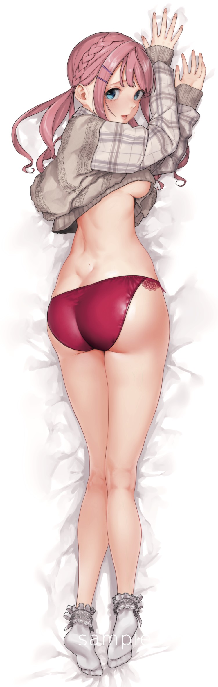 ass bangs blue_eyes blush braid breasts brown_sweater clothes_lift dakimakura_(medium) dimples_of_venus female female frilled_legwear frills frown full_body hair_ornament hairclip highres lace-trimmed_panties lace_trim long_hair long_sleeves looking_at_viewer looking_back lying medium_breasts no_bra no_shoes on_stomach open_mouth original panties pink_hair red_panties ringlets sample_watermark sanka_kumaru sidelocks smile socks soles solo sweater sweater_lift swept_bangs toes twintails underboob underwear white_legwear