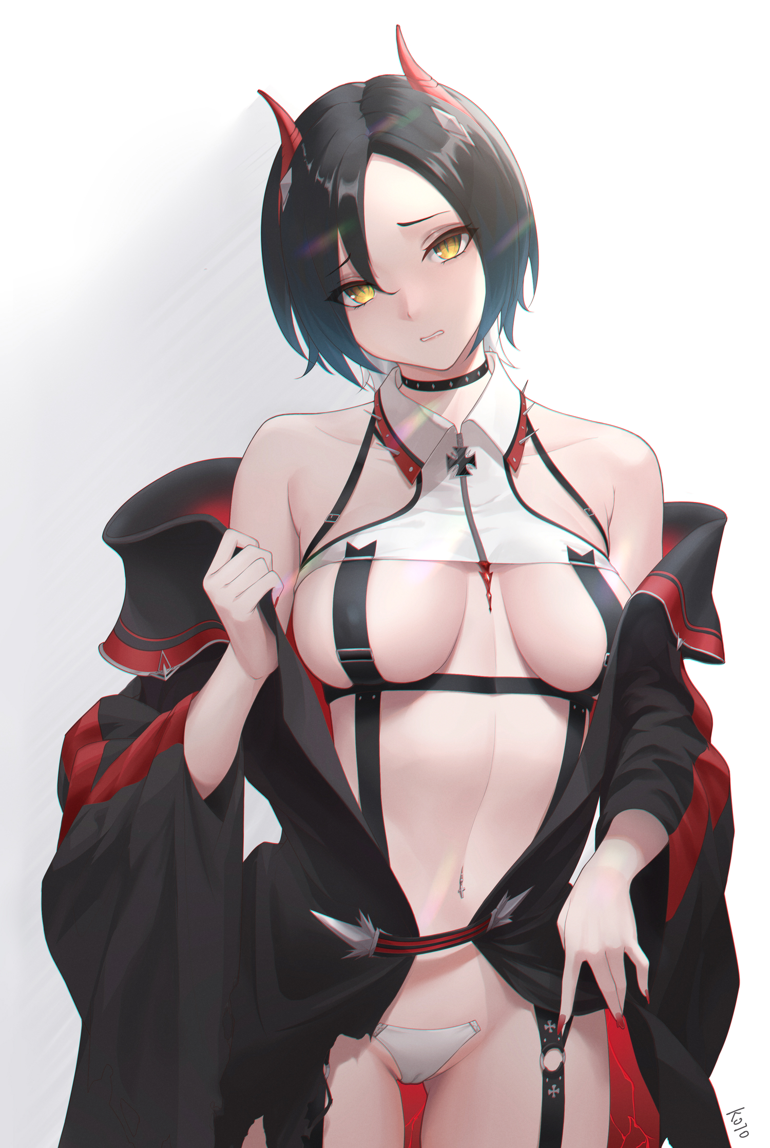 artist name, azur lane, bangs, bare shoulders, black choker, black hair, black jacket, blue hair, breasts, choker, collarbone, commentary request, cowboy shot, female, head tilt, highres, horns, jacket, kojo (0124), large breasts, long sleeves, looking at viewer, nail polish, navel, navel piercing, off shoulder, open clothes, open jacket, parted lips, piercing, red nails, revision, short hair, sideboob, simple background, solo, standing, thighhighs, ulrich von hutten (azur lane), white background, wide sleeves, yellow eyes